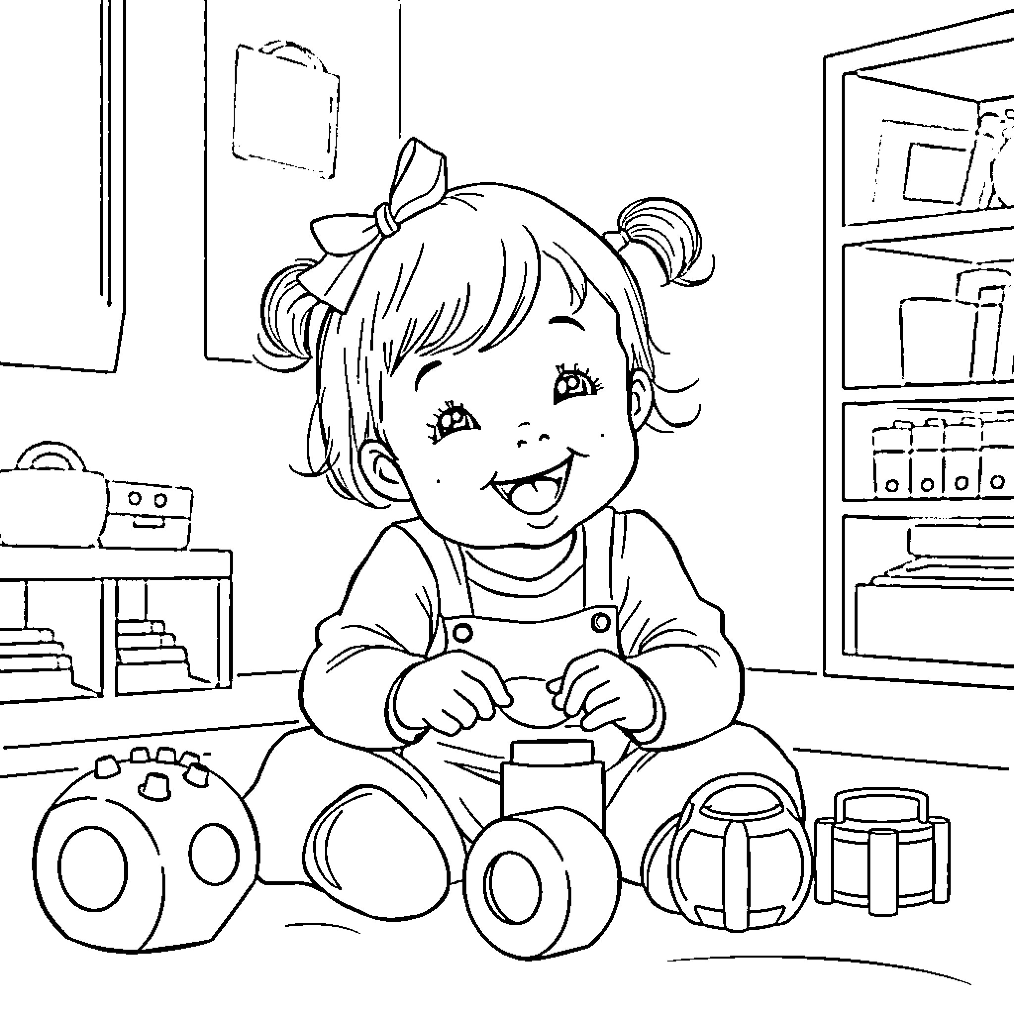 Girl playing with toys in room Coloring Page (free black-and-white line drawing printable PDF for all, from beginners to advanced learners, including children, teens, adults, and seniors)