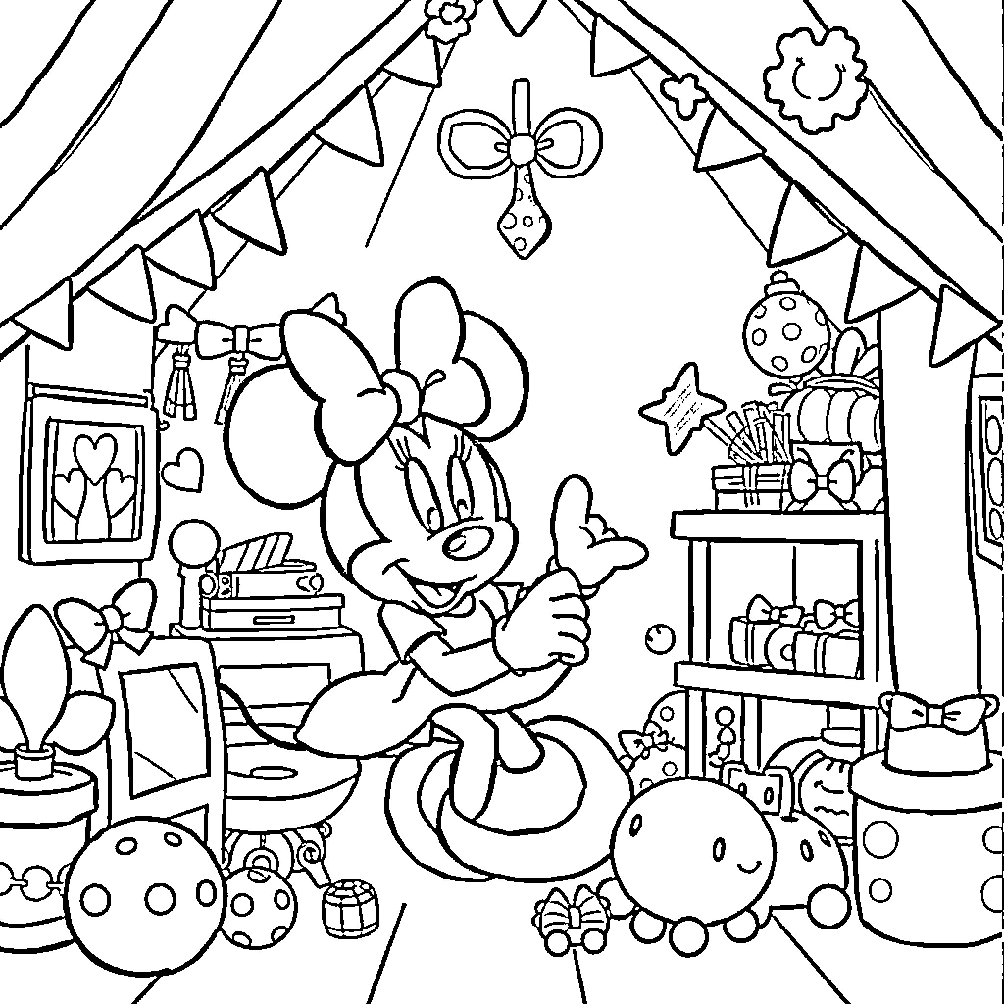 Minnie Mouse celebrates in a decorated party room Coloring Page (free black-and-white line drawing printable PDF for all, from beginners to advanced learners, including children, teens, adults, and seniors)