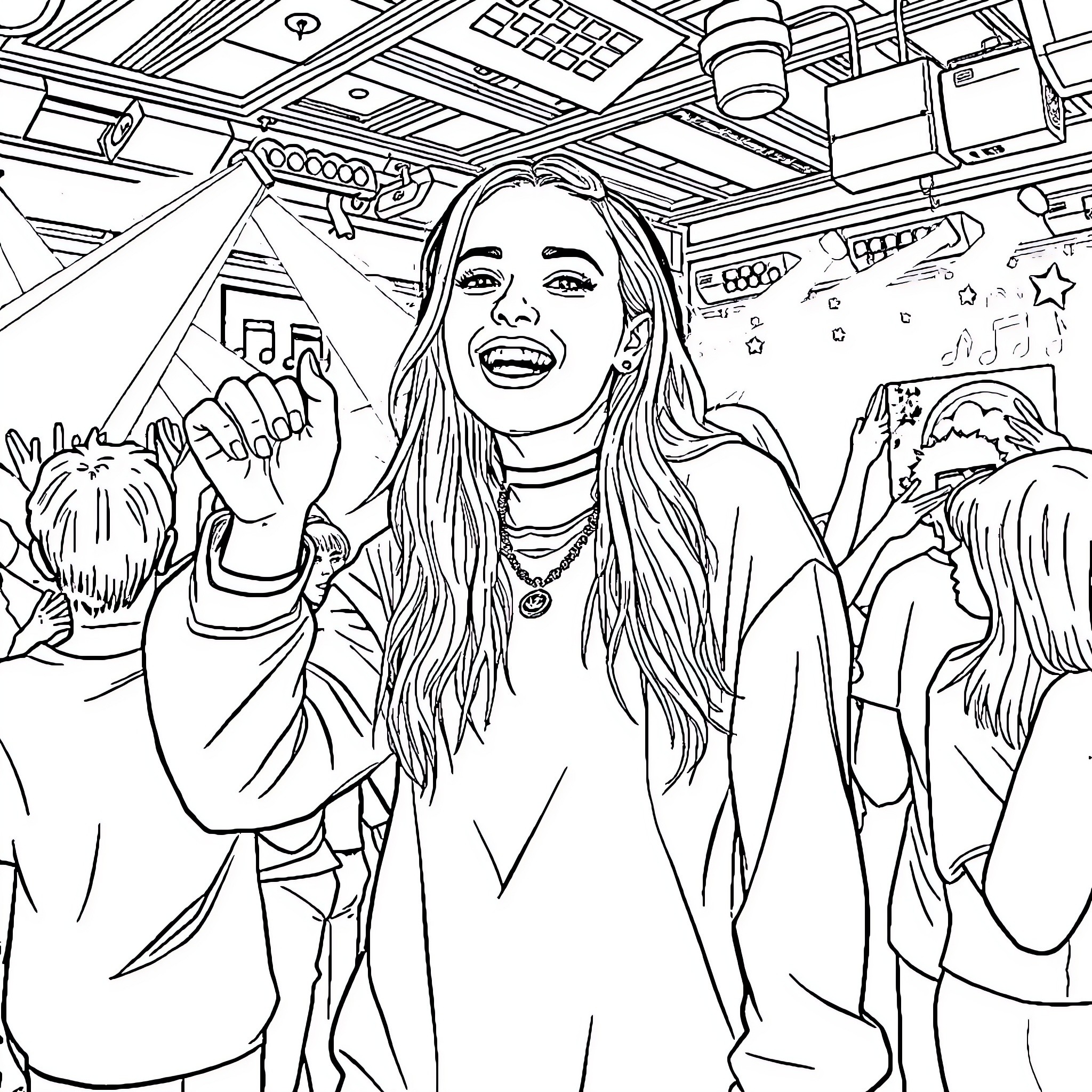 Billie Eilish performing energetically on stage Coloring Page (free black-and-white line drawing printable PDF for all, from beginners to advanced learners, including children, teens, adults, and seniors)