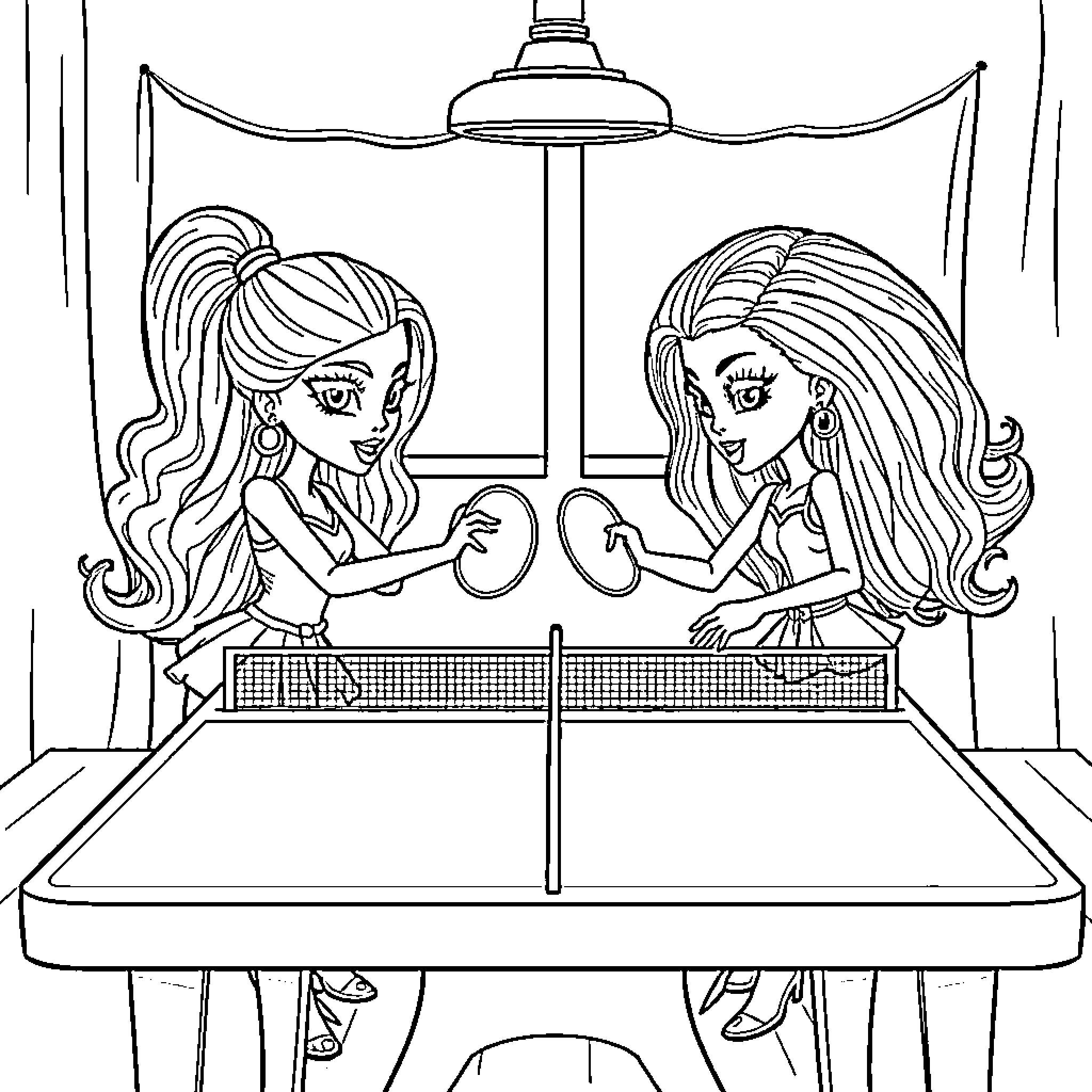 Bratz Dolls playing table tennis match Coloring Page (free black-and-white line drawing printable PDF for all, from beginners to advanced learners, including children, teens, adults, and seniors)