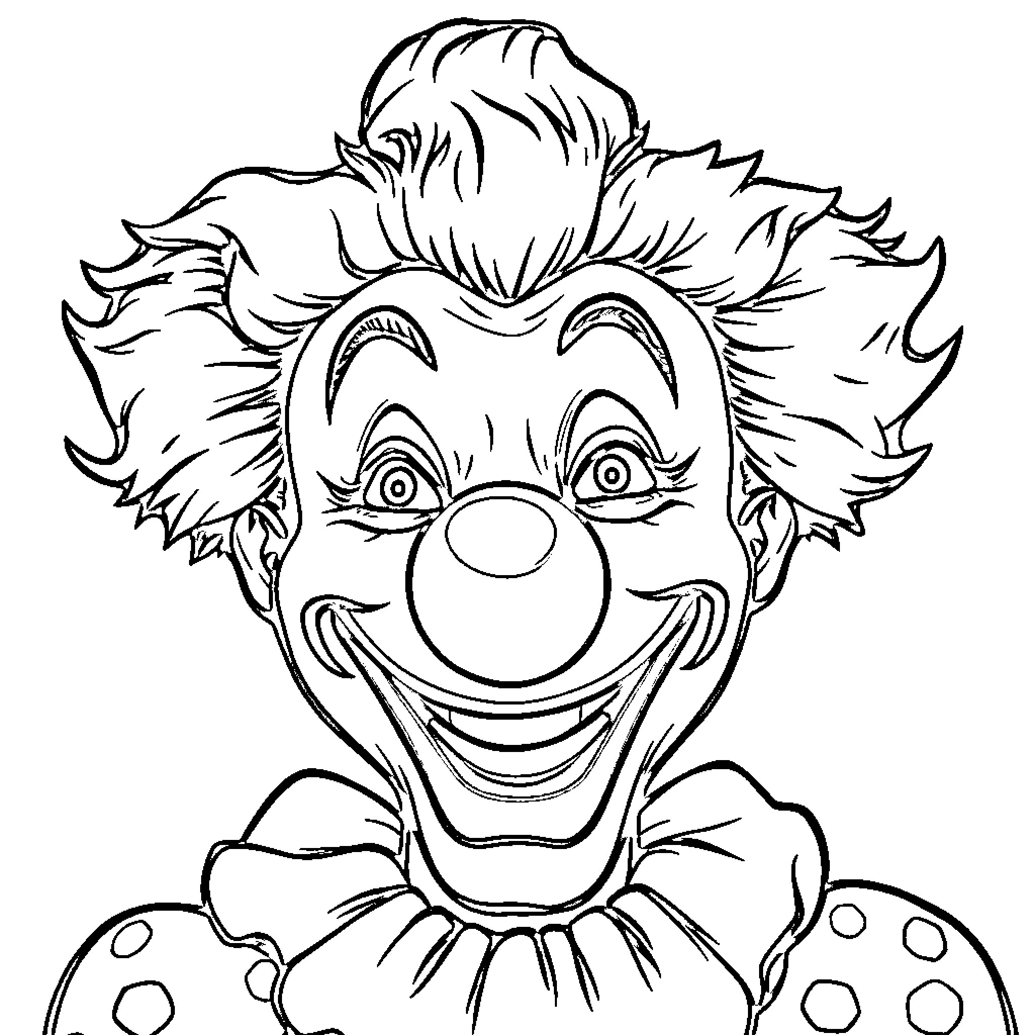 Clown with exaggerated facial features and expression Coloring Page (free black-and-white line drawing printable PDF for all, from beginners to advanced learners, including children, teens, adults, and seniors)