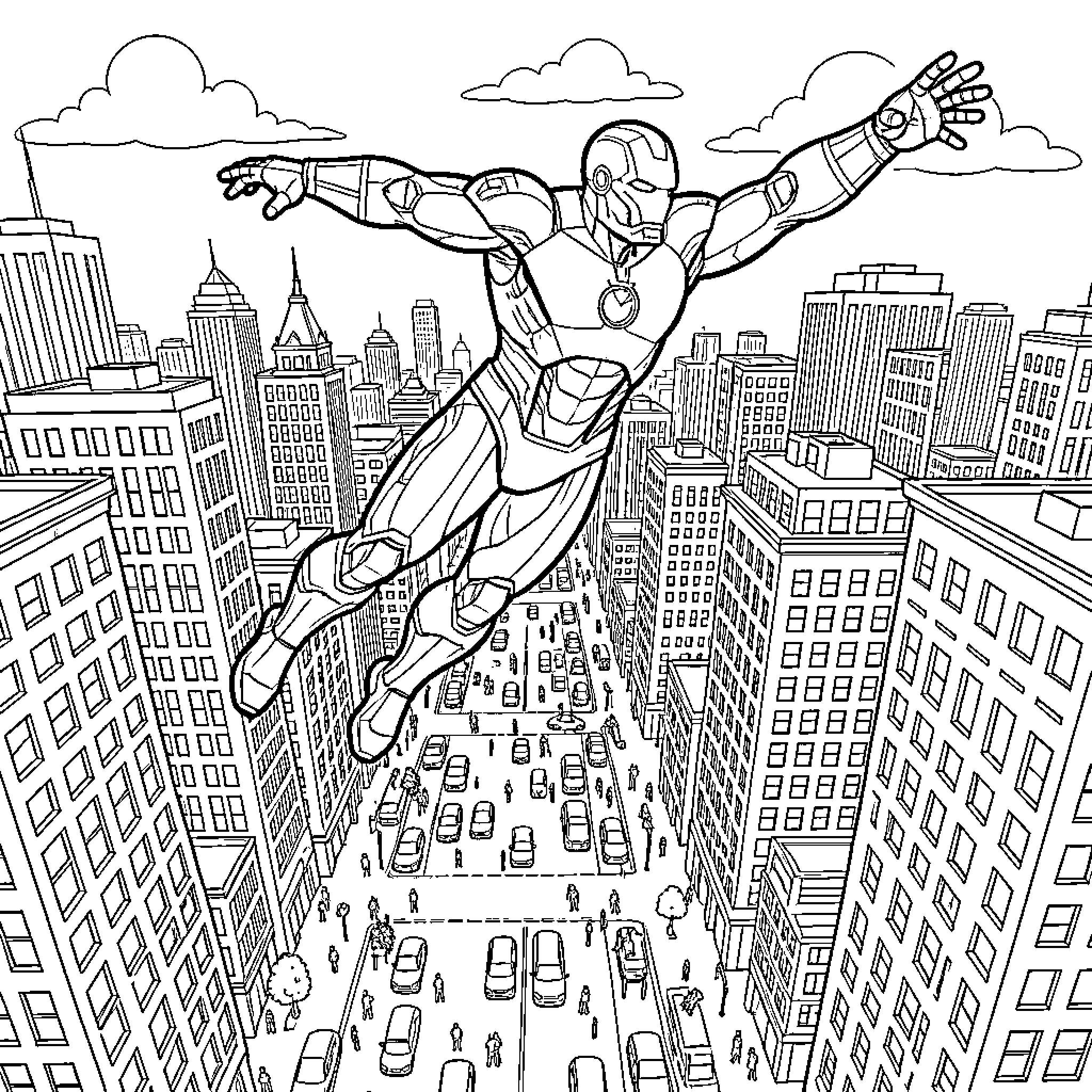 Ironman flying heroically over a busy city skyline Coloring Page (free black-and-white line drawing printable PDF for all, from beginners to advanced learners, including children, teens, adults, and seniors)