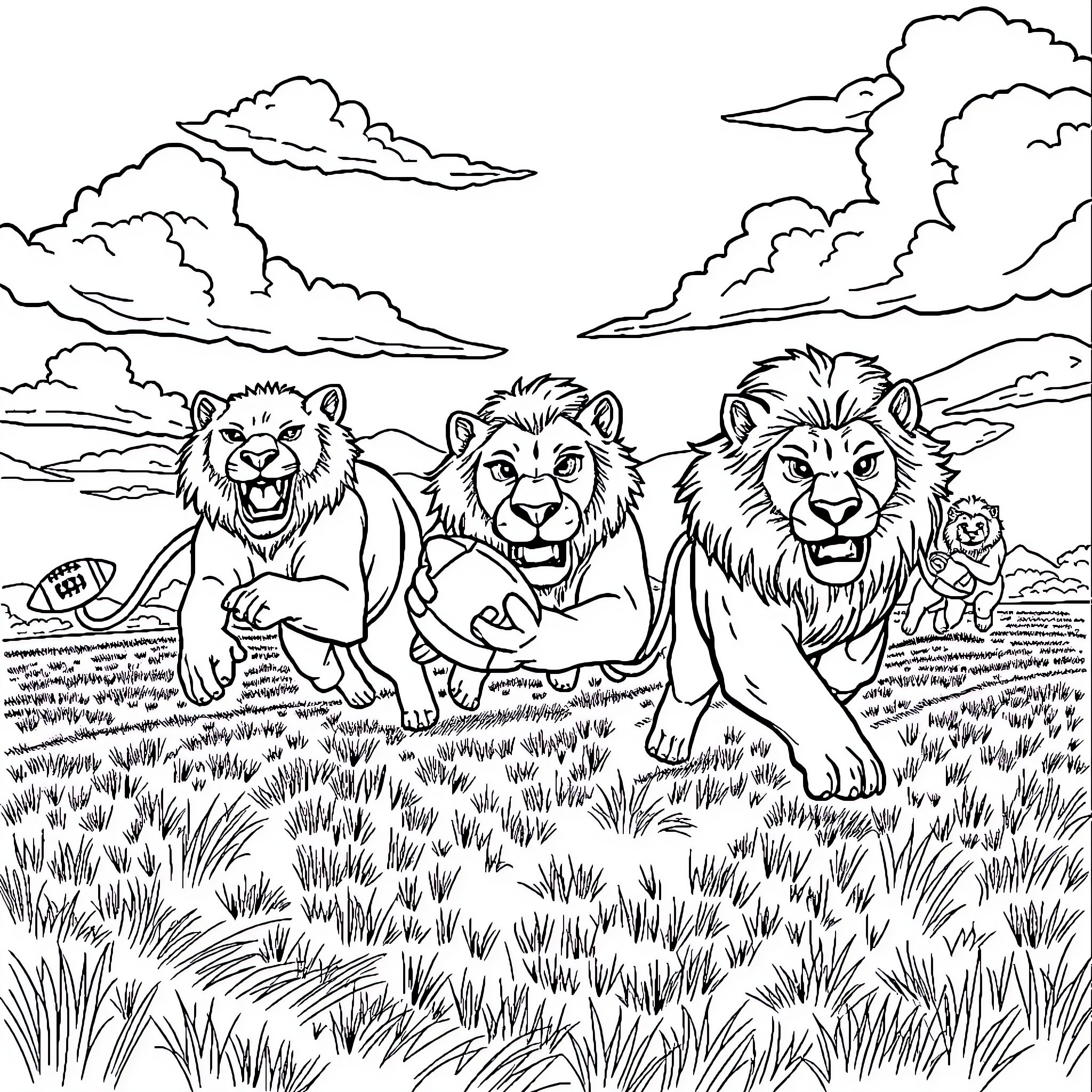 Lion Pride Roaring in the Grasslands Coloring Page (free black-and-white line drawing printable PDF for all, from beginners to advanced learners, including children, teens, adults, and seniors)