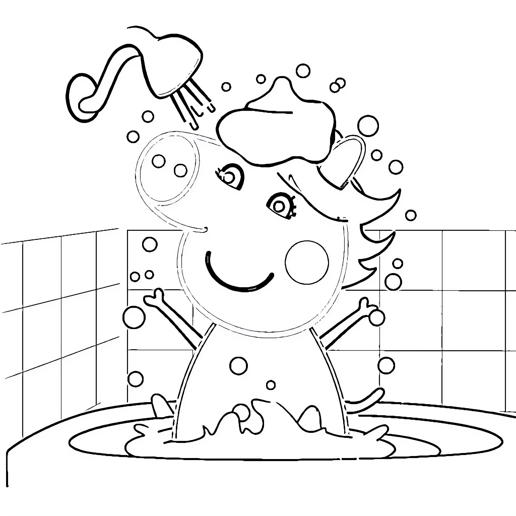 Peppa Pig taking a bubble bath Coloring Page (free black-and-white line drawing printable PDF for all, from beginners to advanced learners, including children, teens, adults, and seniors)