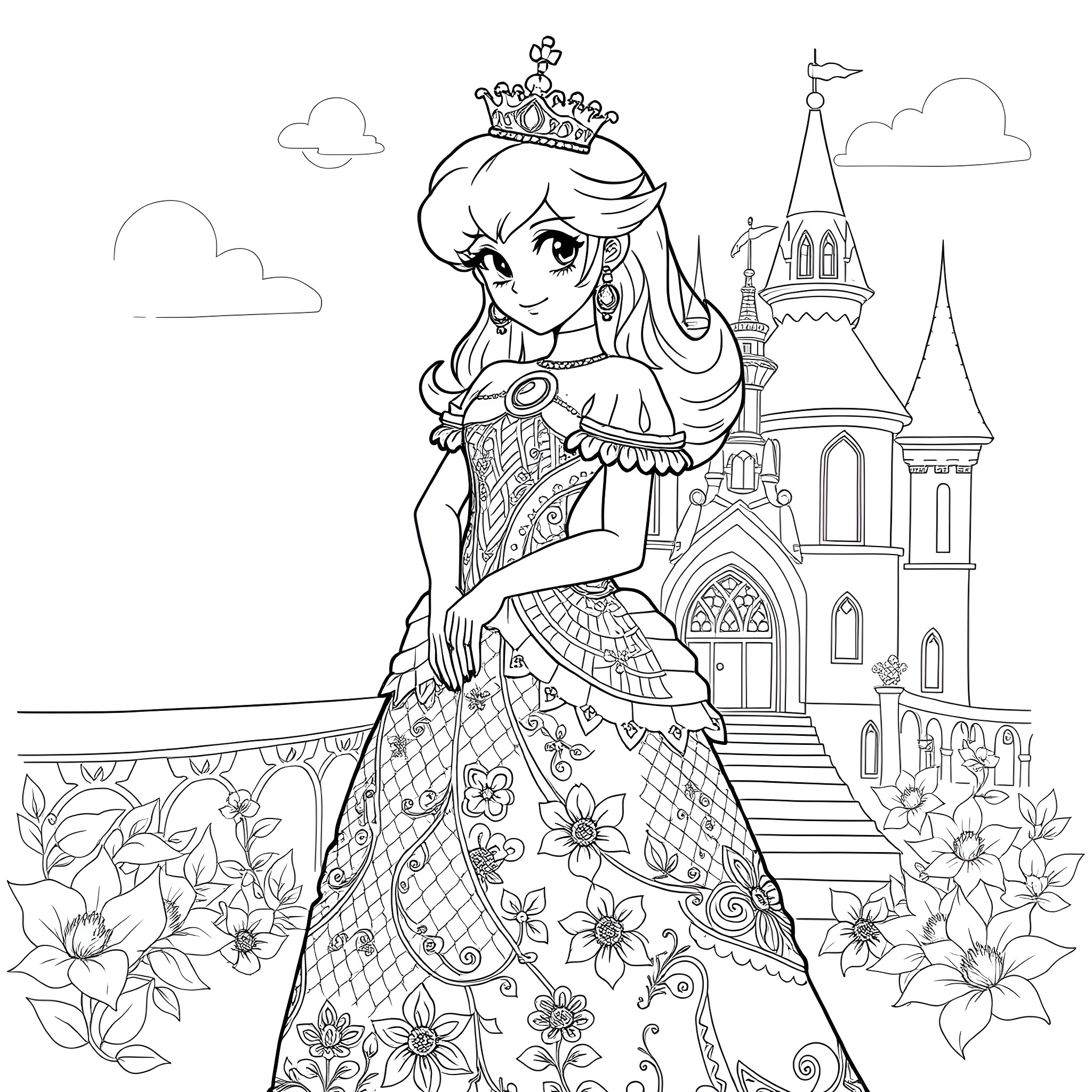 Princess in a Magnificent Dress at the Castle Entrance Coloring Page (free black-and-white line drawing printable PDF for all, from beginners to advanced learners, including children, teens, adults, and seniors)