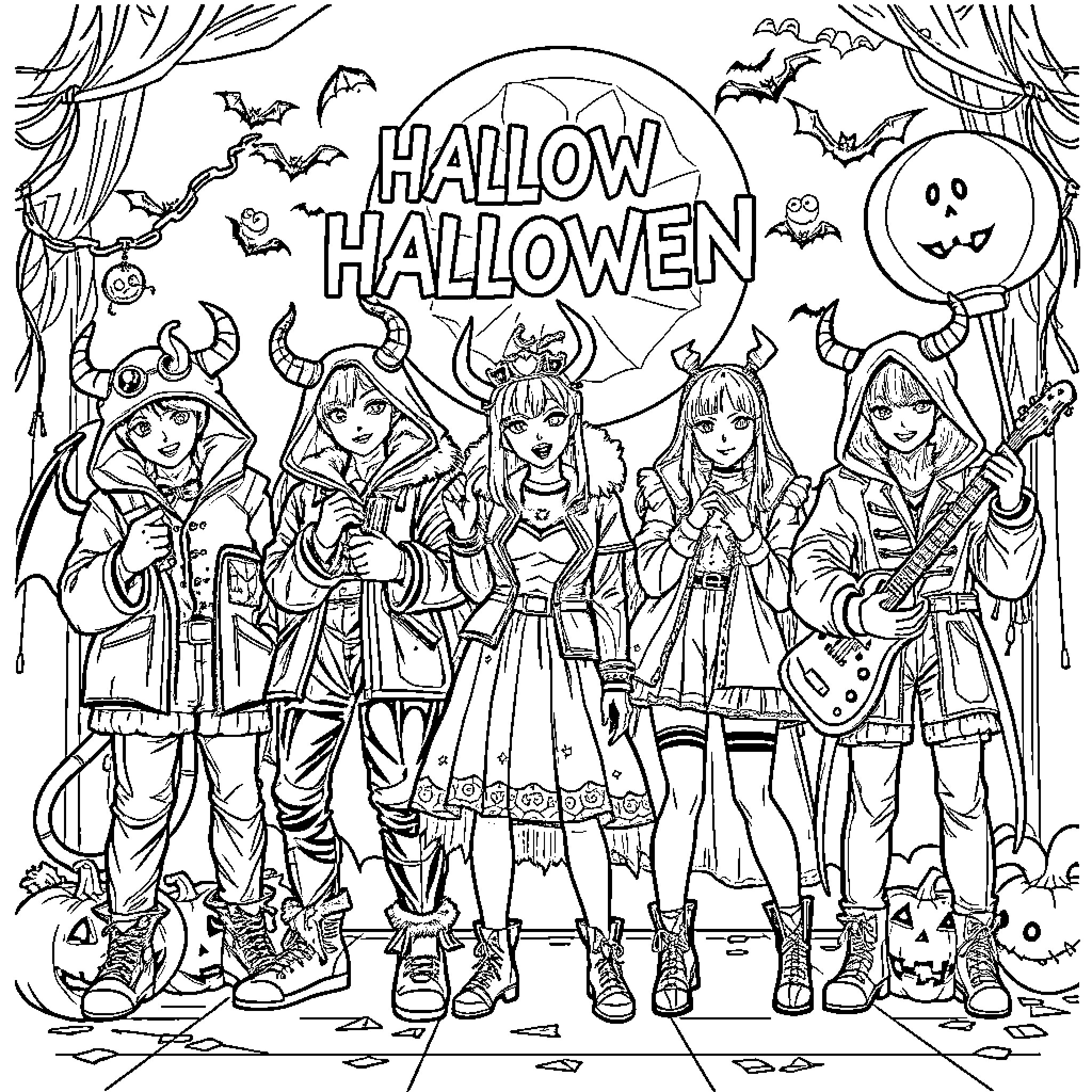 Demon Hunters Celebrate Halloween with Costumes and Accessories Coloring Page (free black-and-white line drawing printable PDF for all, from beginners to advanced learners, including children, teens, adults, and seniors)