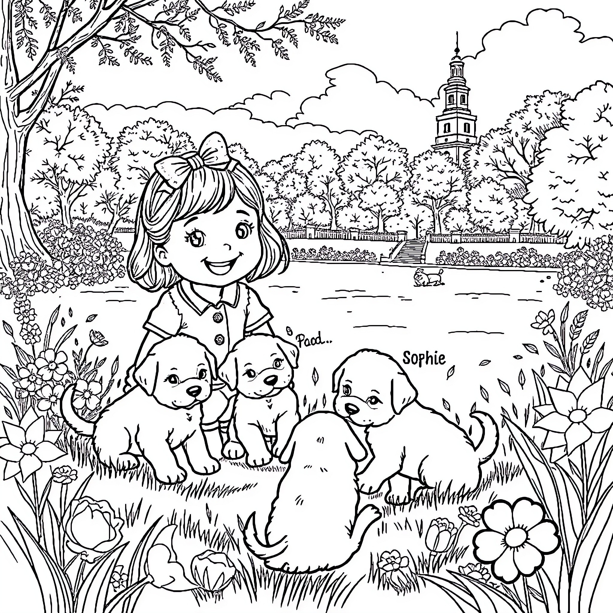 Puppy playing with girl in a park with flowers Coloring Page (free black-and-white line drawing printable PDF for all, from beginners to advanced learners, including children, teens, adults, and seniors)
