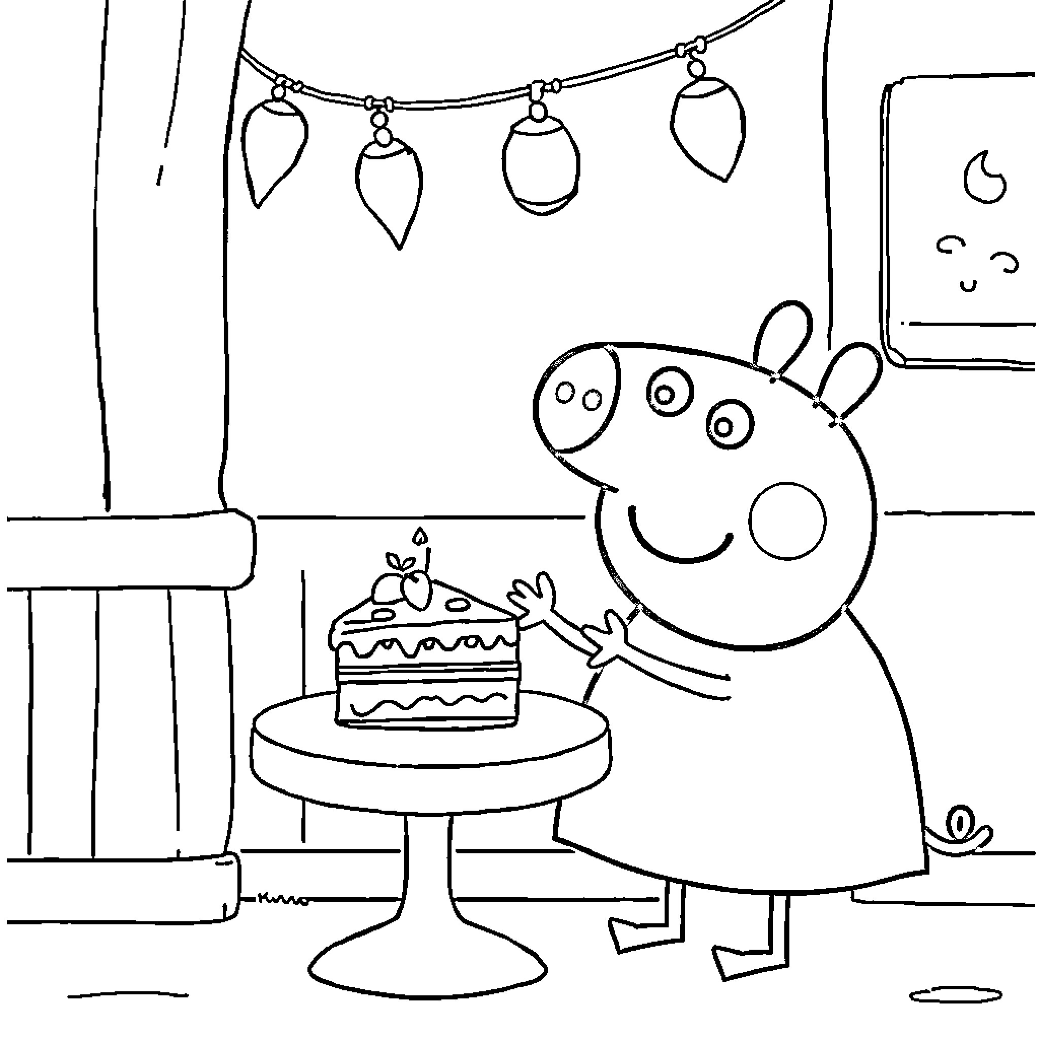 Peppa Pig enjoying a birthday cake Coloring Page (free black-and-white line drawing printable PDF for all, from beginners to advanced learners, including children, teens, adults, and seniors)