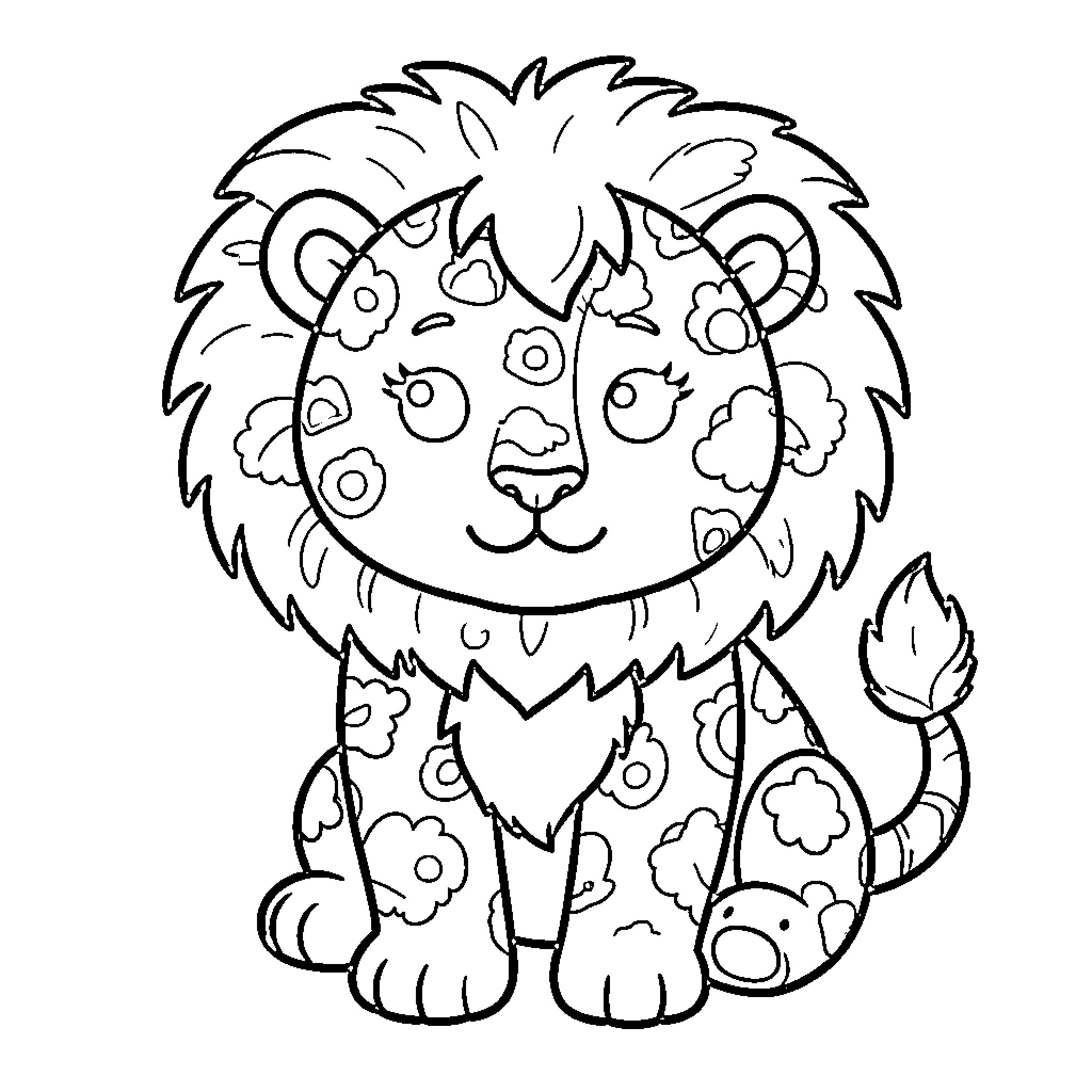 Lion with Floral Patterns Coloring Page (free black-and-white line drawing printable PDF for all, from beginners to advanced learners, including children, teens, adults, and seniors)