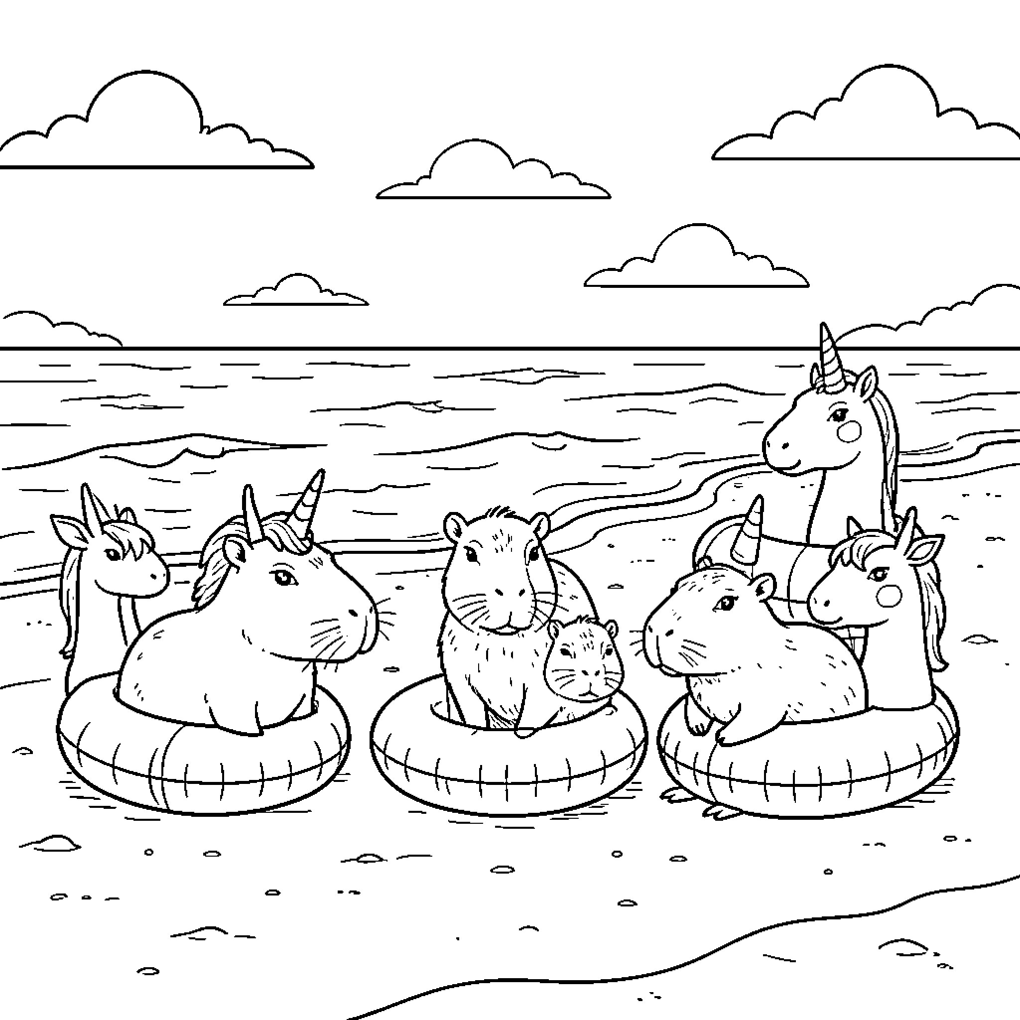 Capybara and unicorns relaxing on beach floaties Coloring Page (free black-and-white line drawing printable PDF for all, from beginners to advanced learners, including children, teens, adults, and seniors)