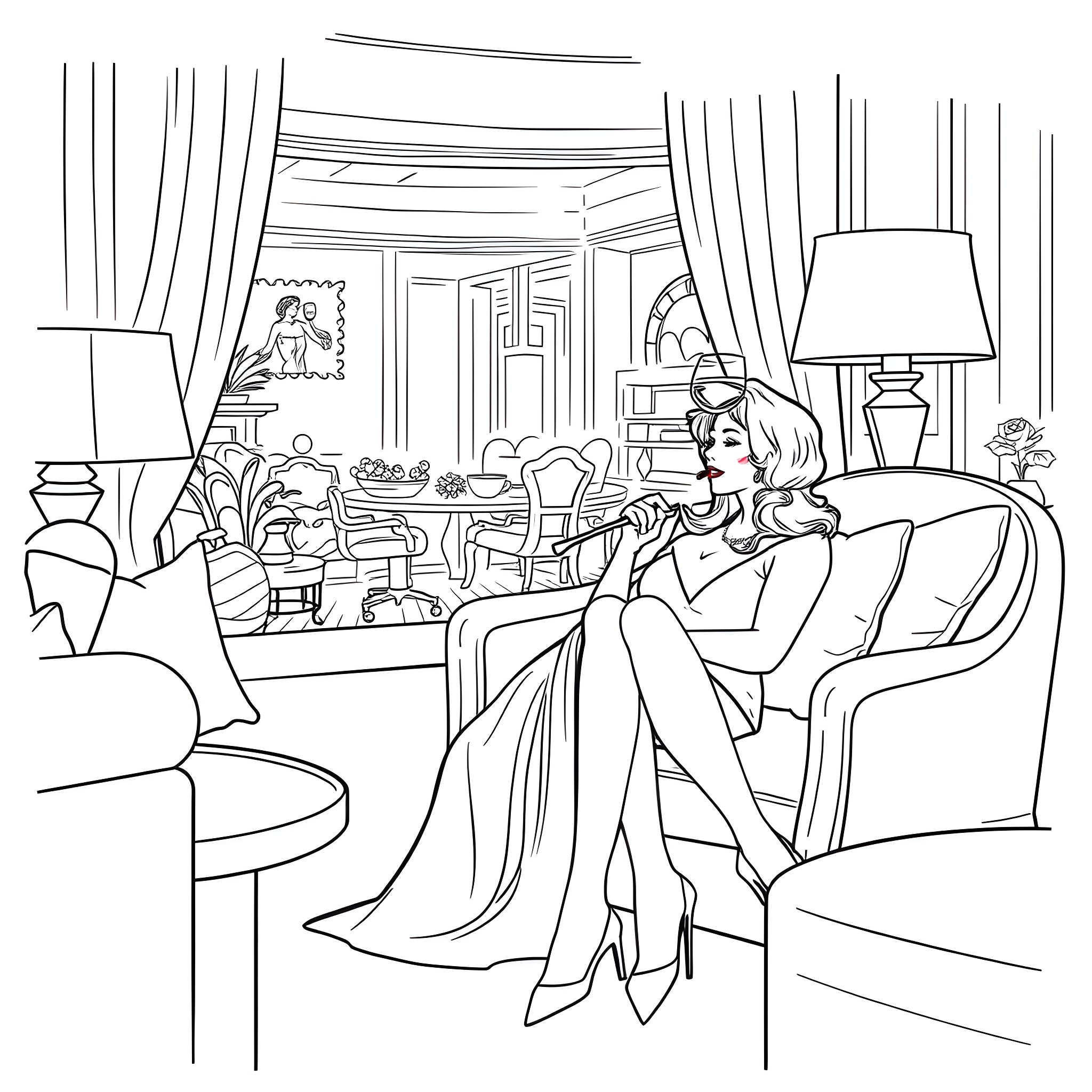 Beth Smith relaxing in a cozy living room Coloring Page (free black-and-white line drawing printable PDF for all, from beginners to advanced learners, including children, teens, adults, and seniors)