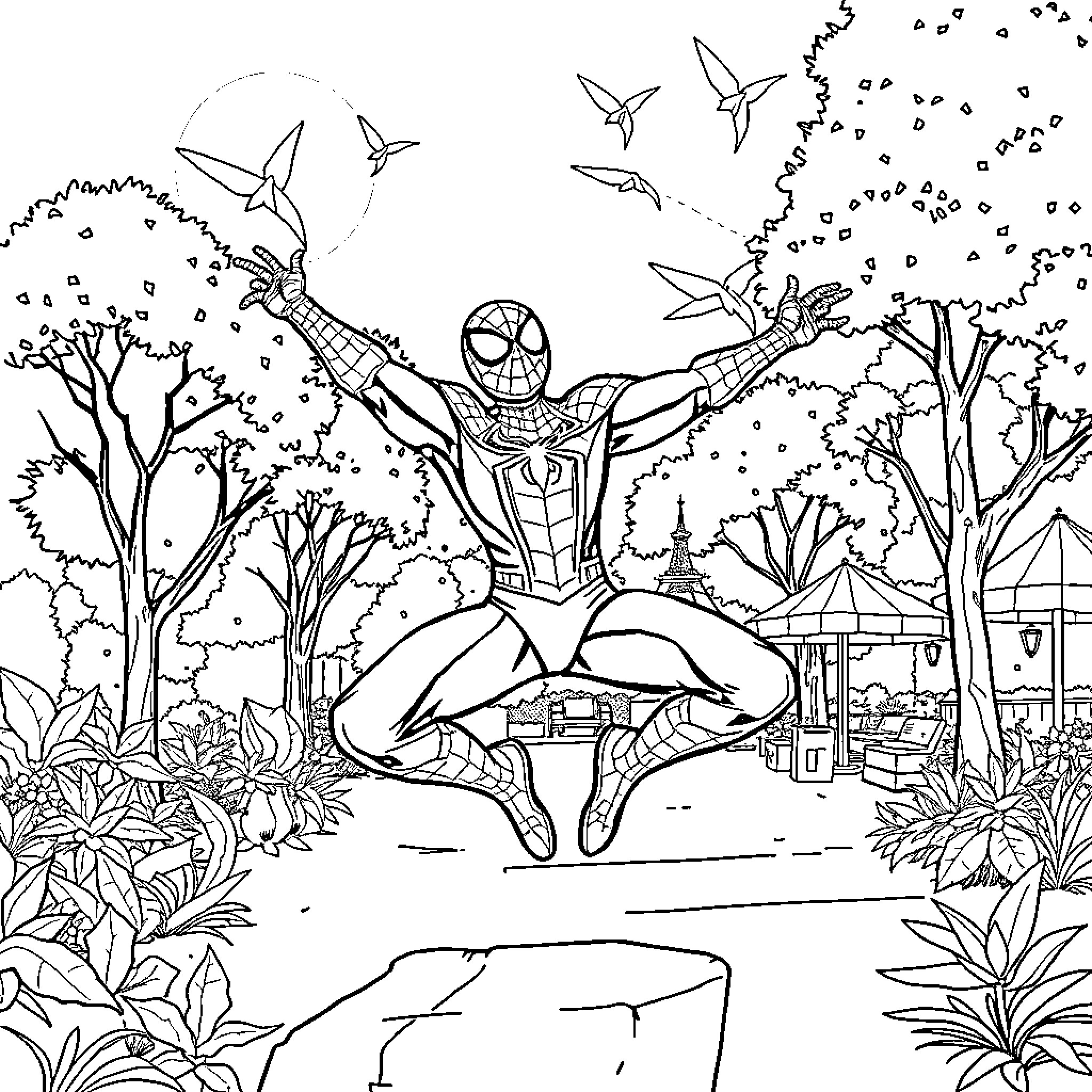 Spiderman swinging through a nature scene Coloring Page (free black-and-white line drawing printable PDF for all, from beginners to advanced learners, including children, teens, adults, and seniors)