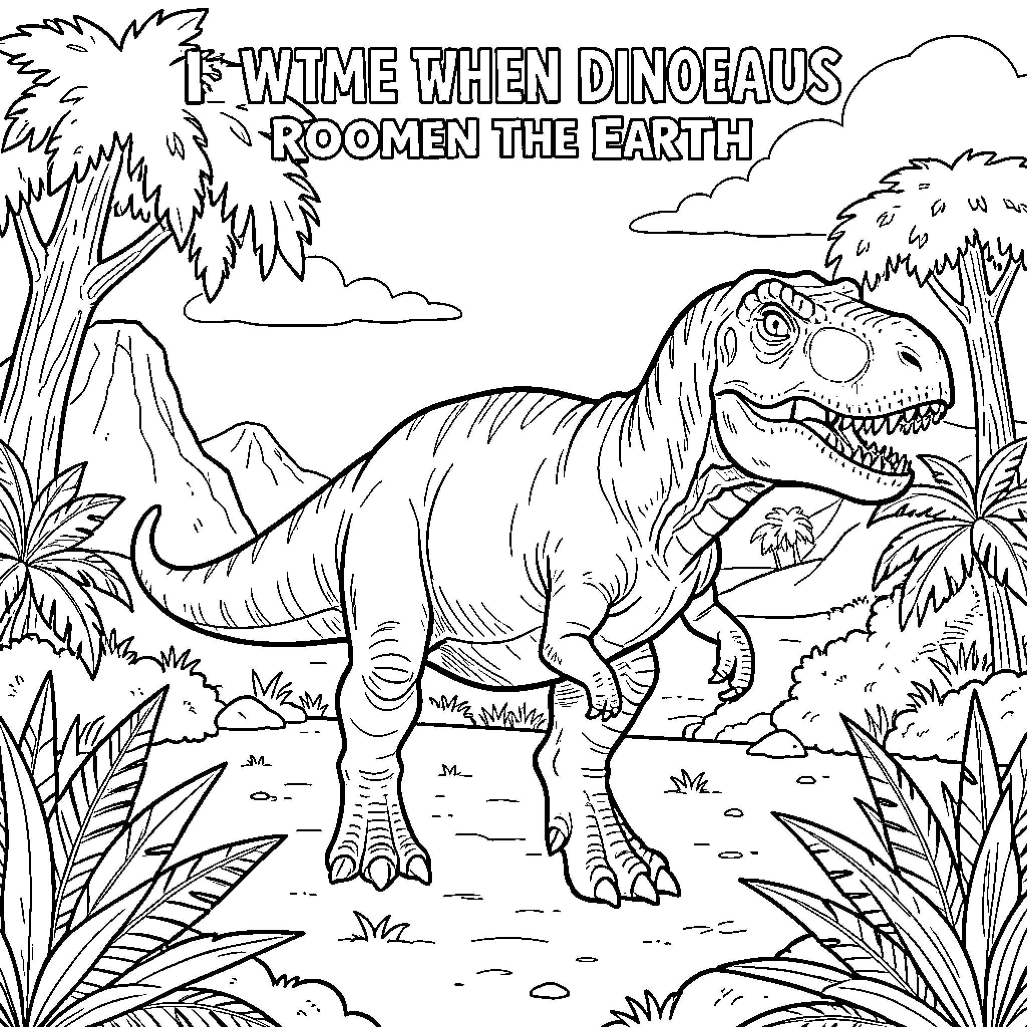 Dinosaur roaming through a prehistoric jungle landscape Coloring Page (free black-and-white line drawing printable PDF for all, from beginners to advanced learners, including children, teens, adults, and seniors)