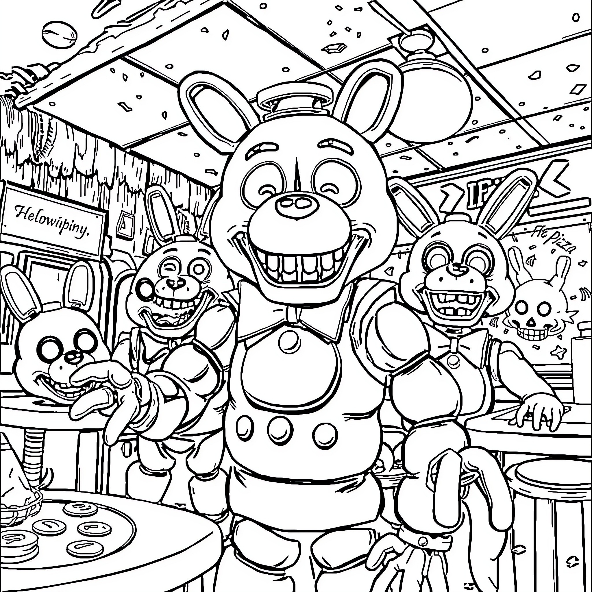 FNAF Characters Gathered in Chaotic Celebration Coloring Page (free black-and-white line drawing printable PDF for all, from beginners to advanced learners, including children, teens, adults, and seniors)