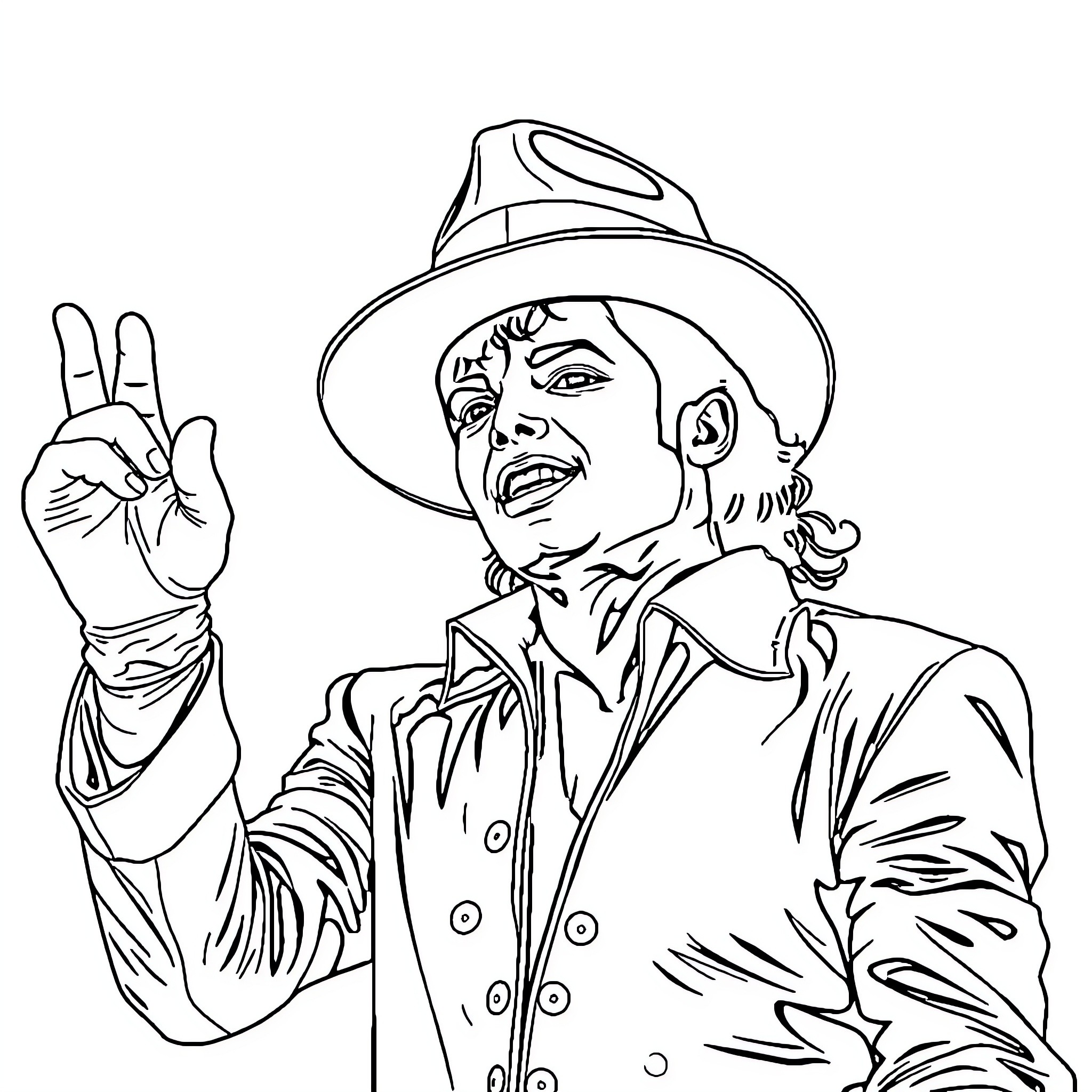 Michael Jackson Performing on Stage with Peace Sign Coloring Page (free black-and-white line drawing printable PDF for all, from beginners to advanced learners, including children, teens, adults, and seniors)