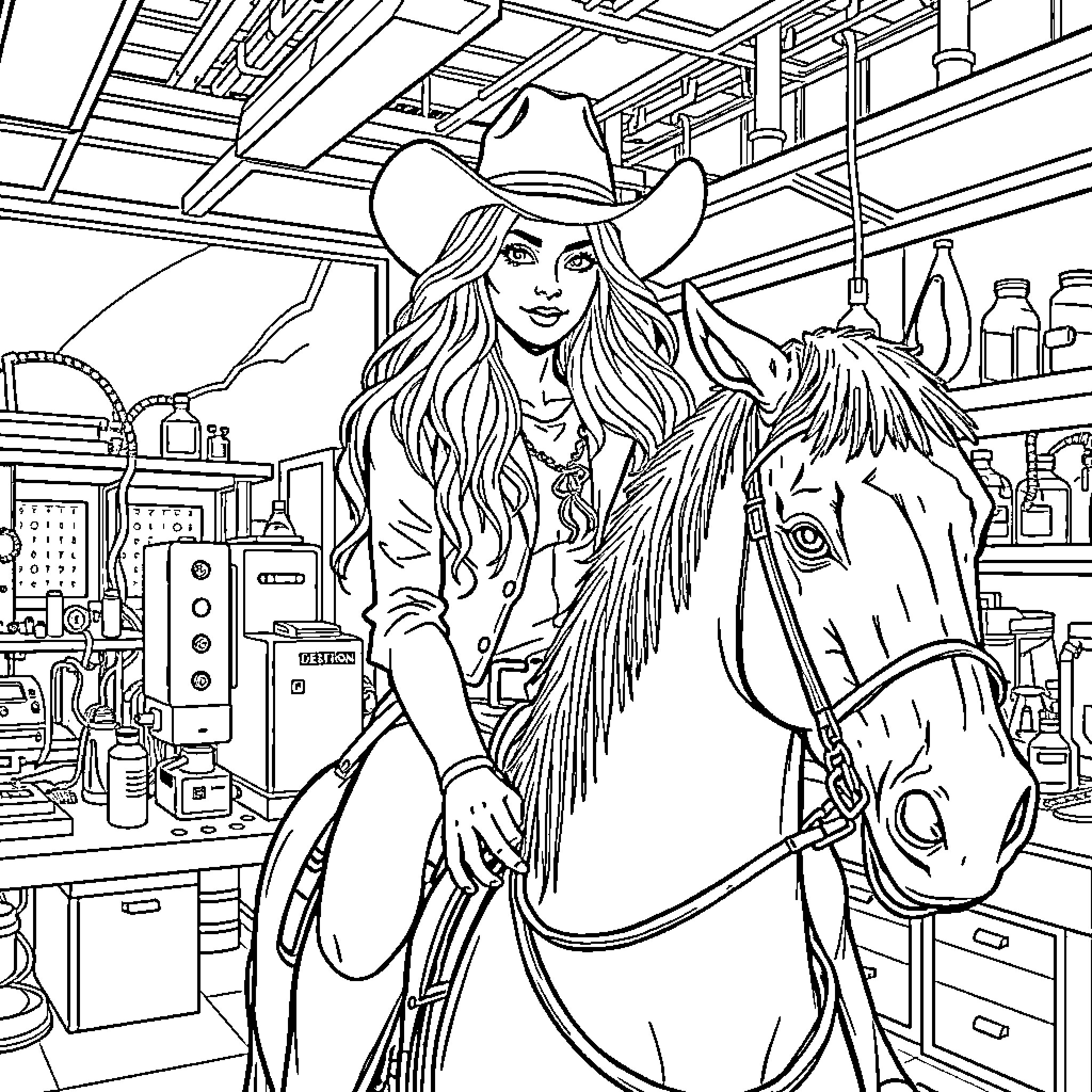 Woman in Cowgirl Outfit with Horse in Workshop Coloring Page (free black-and-white line drawing printable PDF for all, from beginners to advanced learners, including children, teens, adults, and seniors)