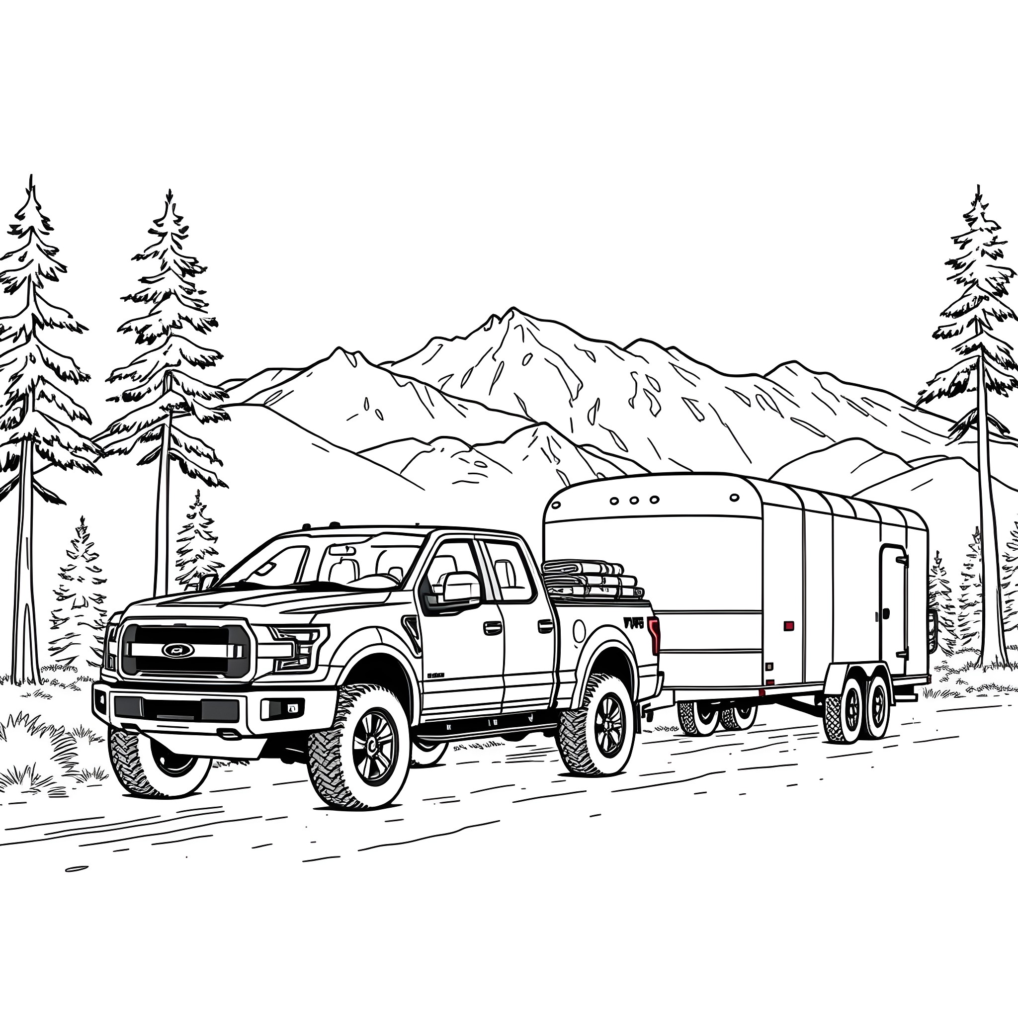 Pickup truck towing camper through mountain landscape Coloring Page (free black-and-white line drawing printable PDF for all, from beginners to advanced learners, including children, teens, adults, and seniors)