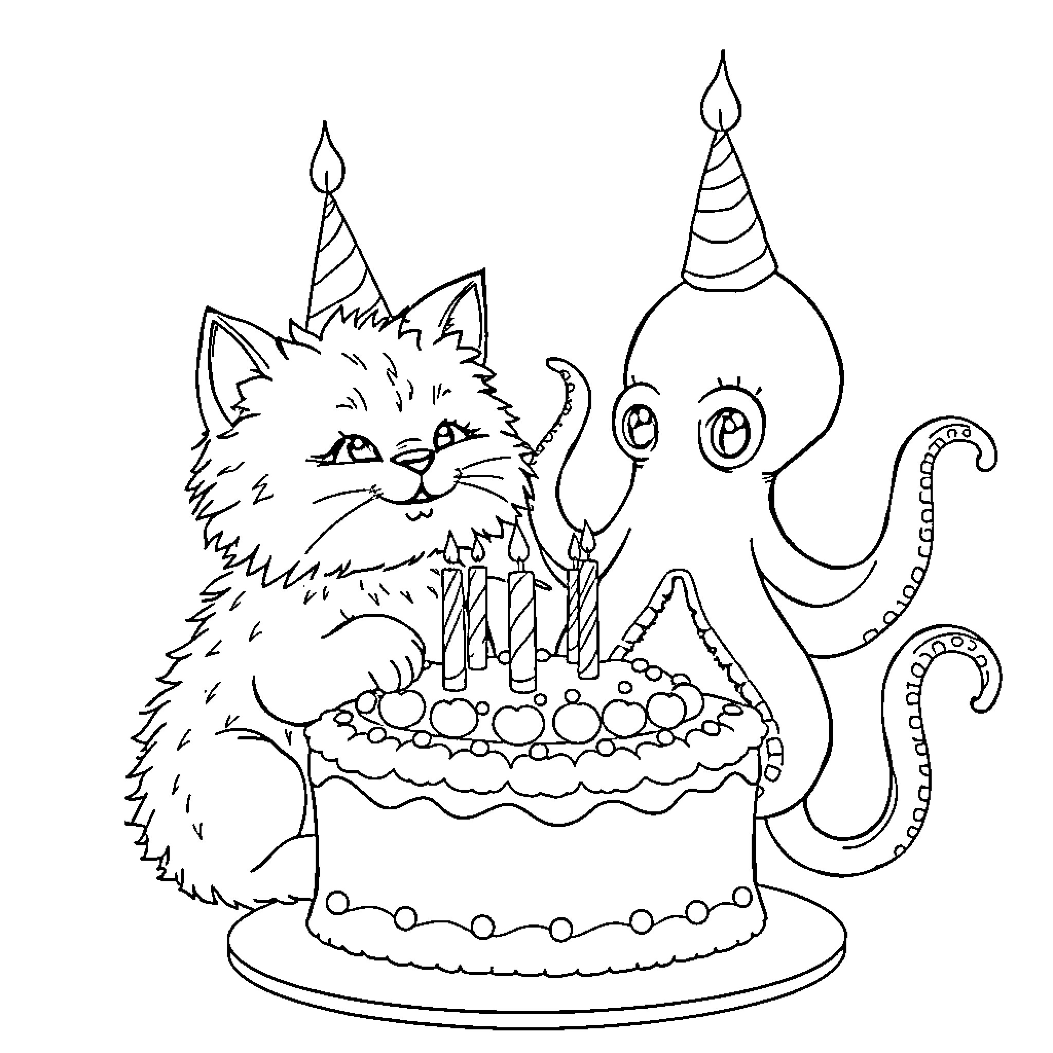 Cat and Octopus Celebrate Birthday with Cake Coloring Page (free black-and-white line drawing printable PDF for all, from beginners to advanced learners, including children, teens, adults, and seniors)