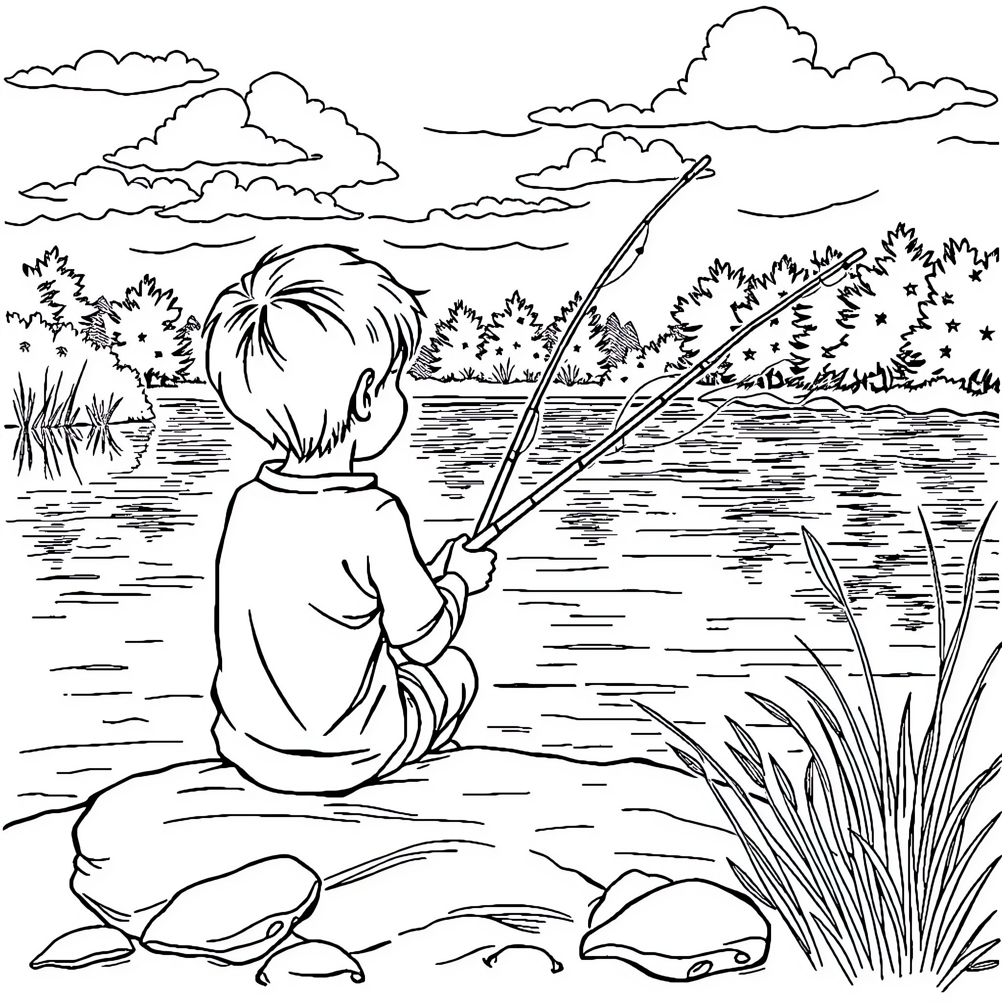 Boy sitting by the lake and fishing Coloring Page (free black-and-white line drawing printable PDF for all, from beginners to advanced learners, including children, teens, adults, and seniors)