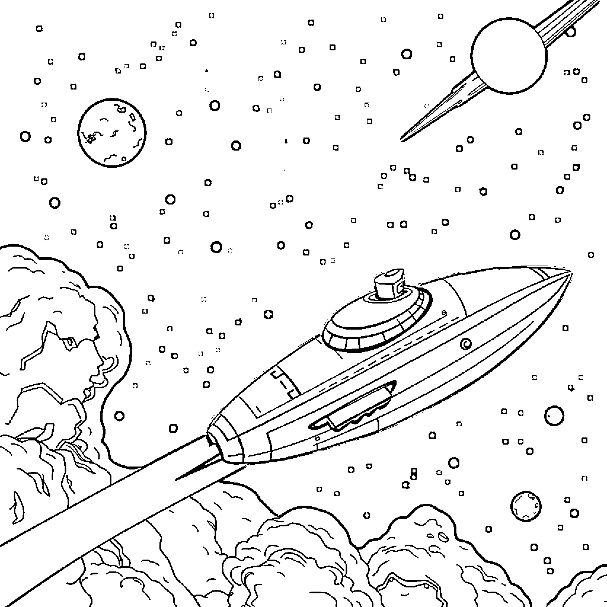 Spaceship exploring the cosmos with a planet in the distance Coloring Page (free black-and-white line drawing printable PDF for all, from beginners to advanced learners, including children, teens, adults, and seniors)