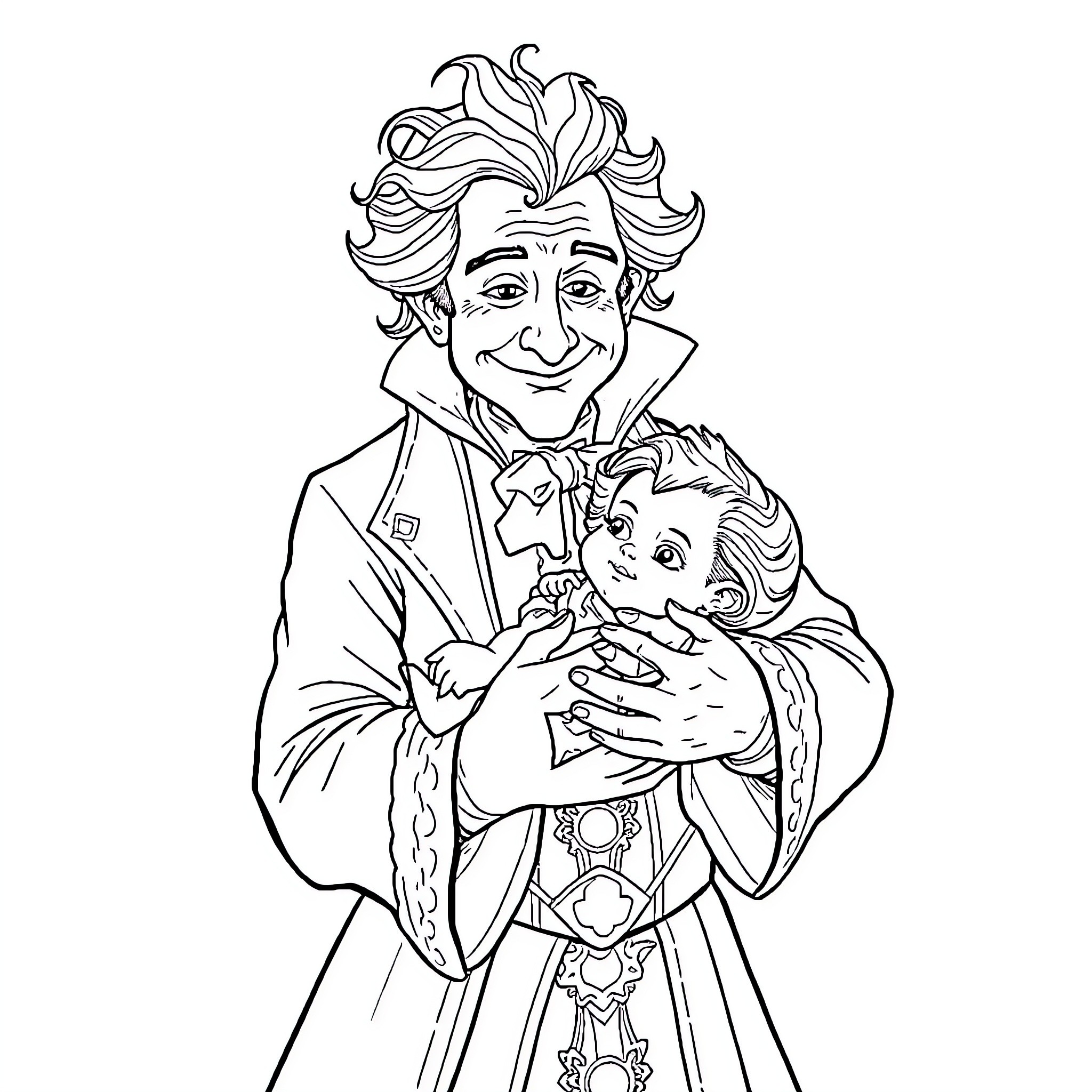 Rumplestiltskin interacting joyfully with a child Coloring Page (free black-and-white line drawing printable PDF for all, from beginners to advanced learners, including children, teens, adults, and seniors)