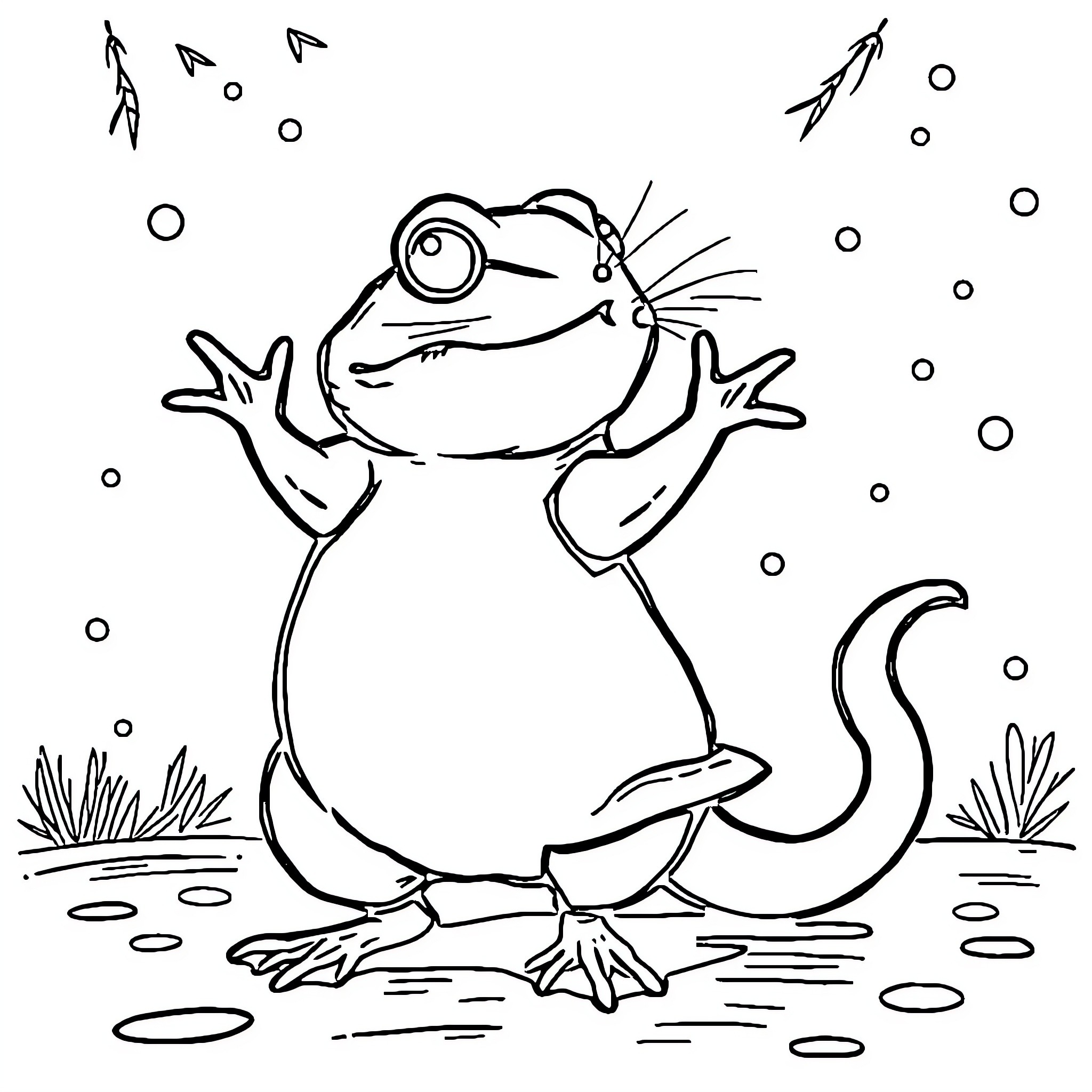 Caca Frog Playfully Hopping in Pond Coloring Page (free black-and-white line drawing printable PDF for all, from beginners to advanced learners, including children, teens, adults, and seniors)