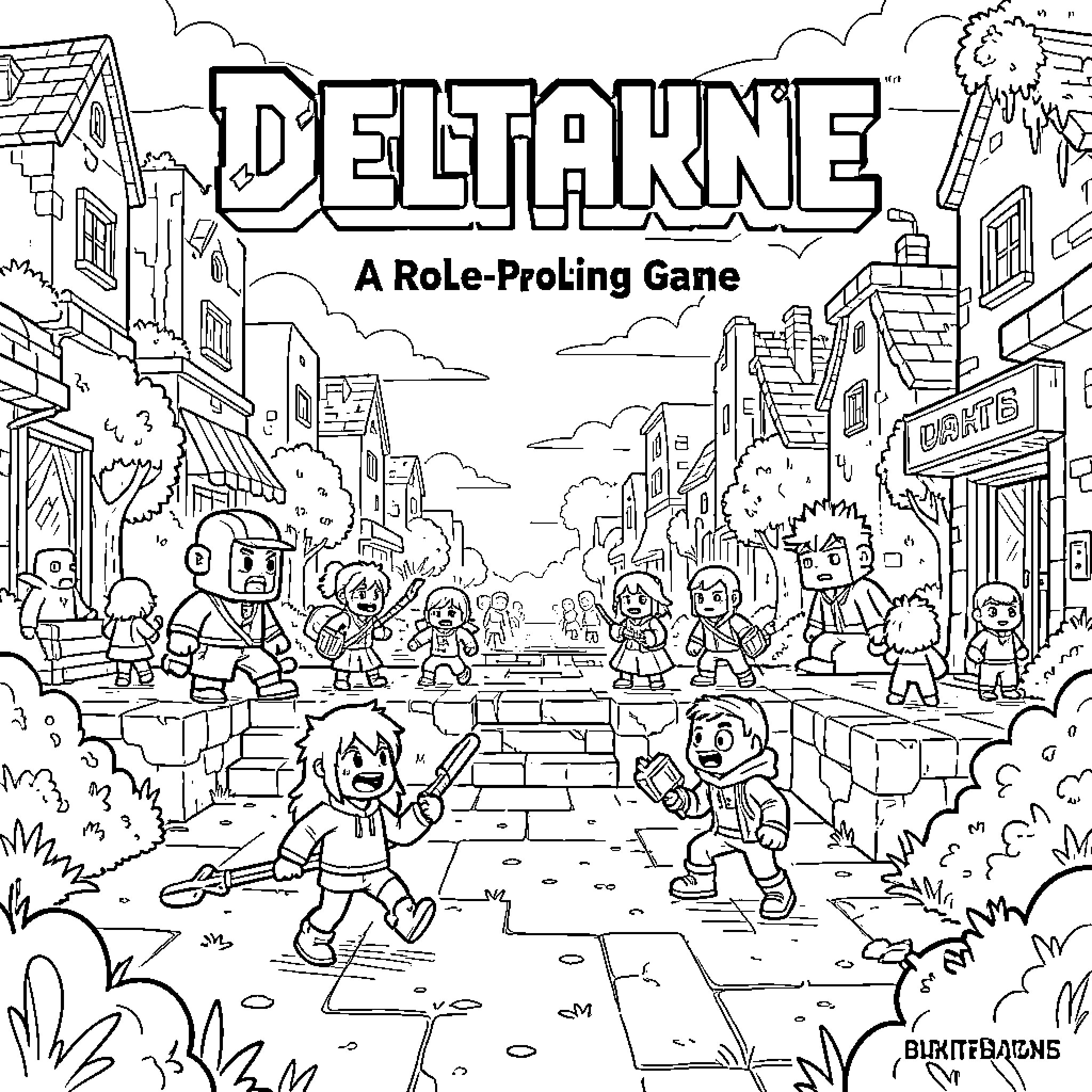 Deltarune characters adventuring through a town square Coloring Page (free black-and-white line drawing printable PDF for all, from beginners to advanced learners, including children, teens, adults, and seniors)