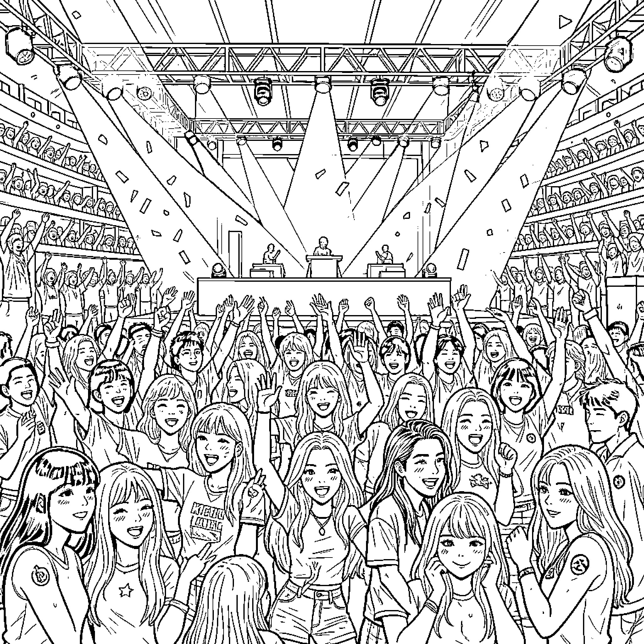 K Pop Idols Performing Energetically on Stage Coloring Page (free black-and-white line drawing printable PDF for all, from beginners to advanced learners, including children, teens, adults, and seniors)