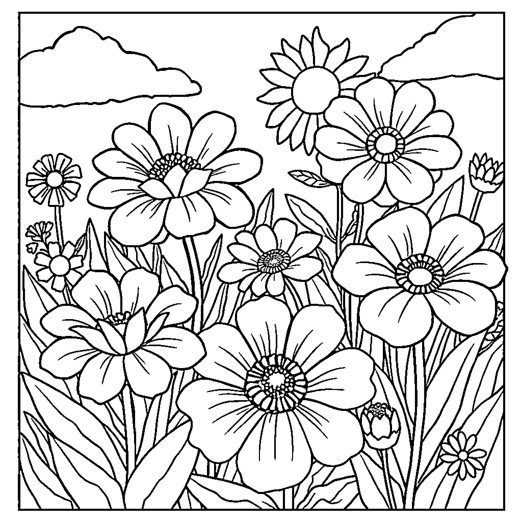 Flower garden with blooming flowers Coloring Page (free black-and-white line drawing printable PDF for all, from beginners to advanced learners, including children, teens, adults, and seniors)