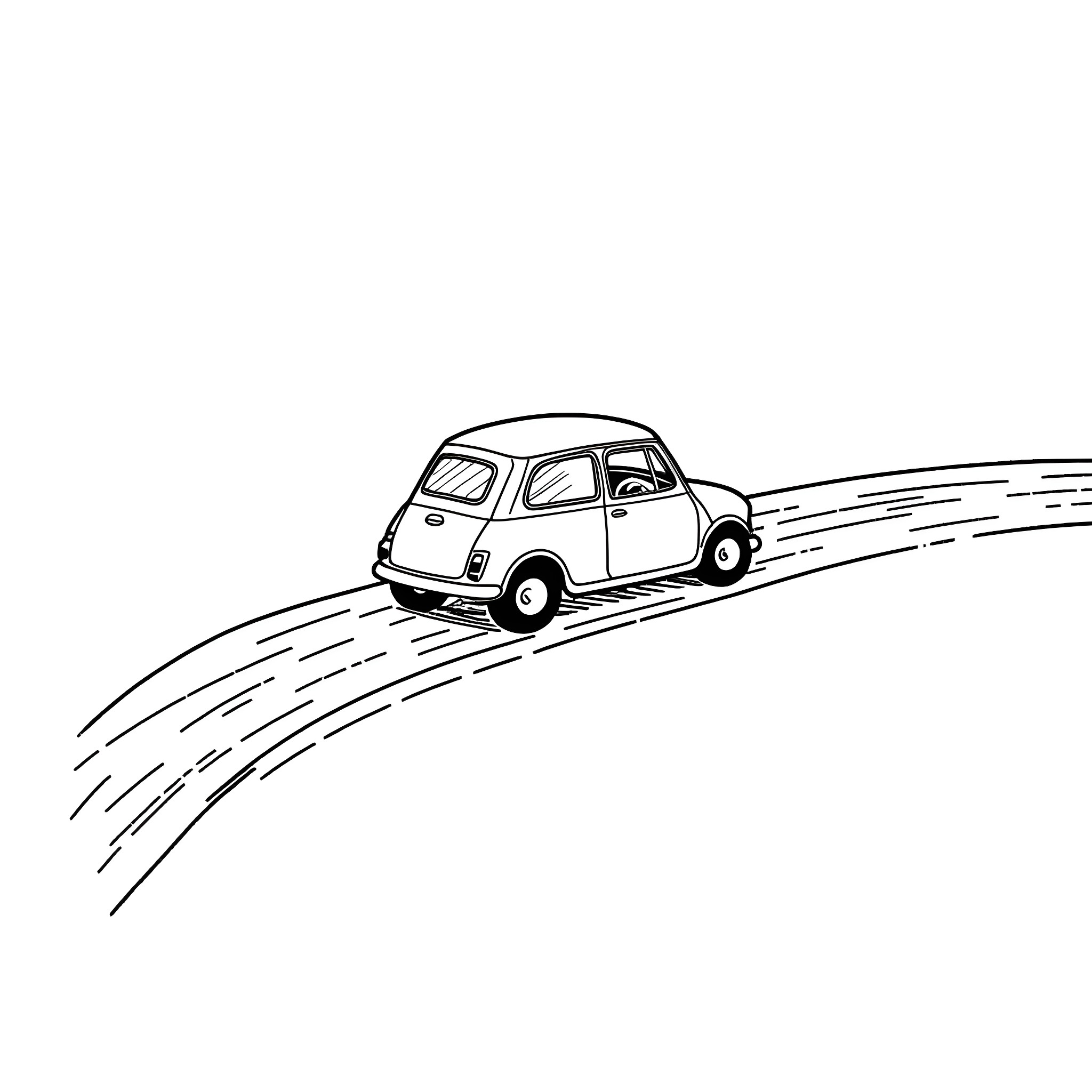 Mini car driving on winding road Coloring Page (free black-and-white line drawing printable PDF for all, from beginners to advanced learners, including children, teens, adults, and seniors)