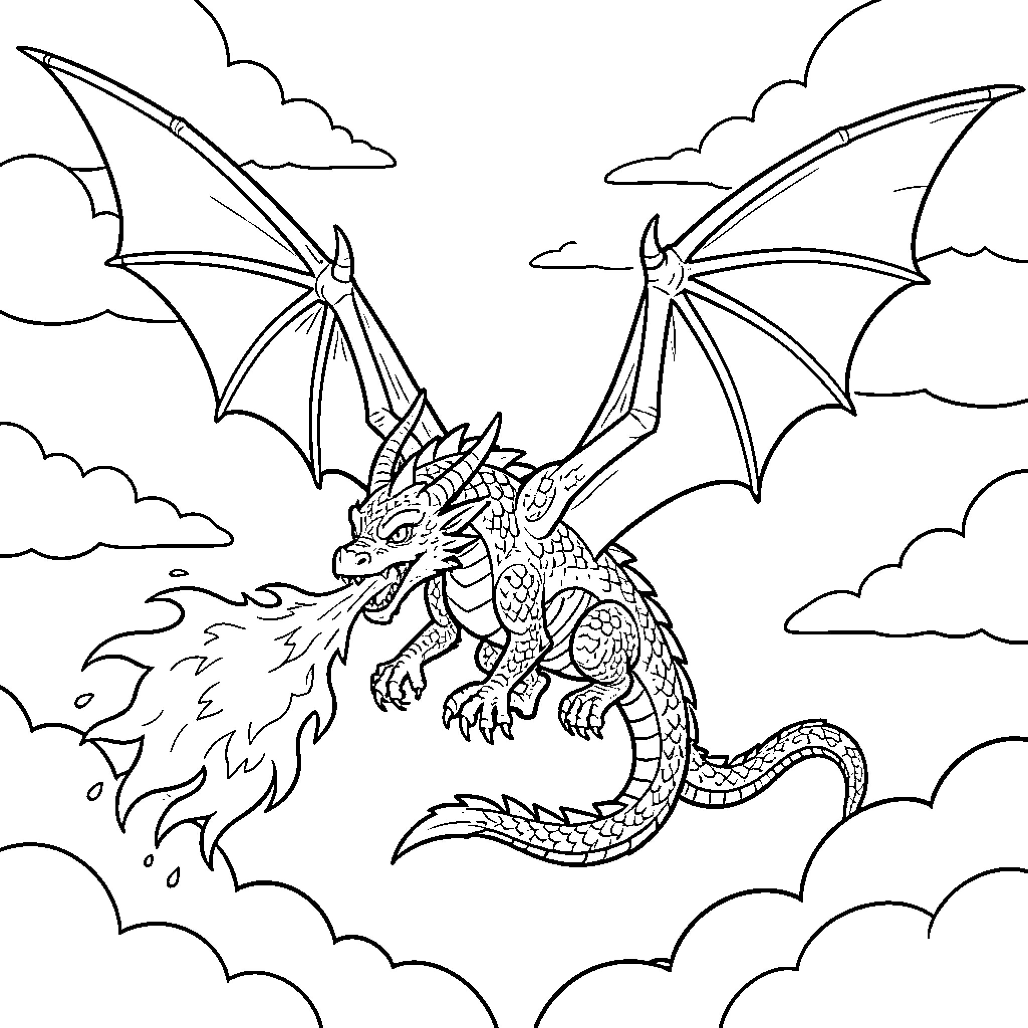 Dragon breathing fire while flying through clouds Coloring Page (free black-and-white line drawing printable PDF for all, from beginners to advanced learners, including children, teens, adults, and seniors)