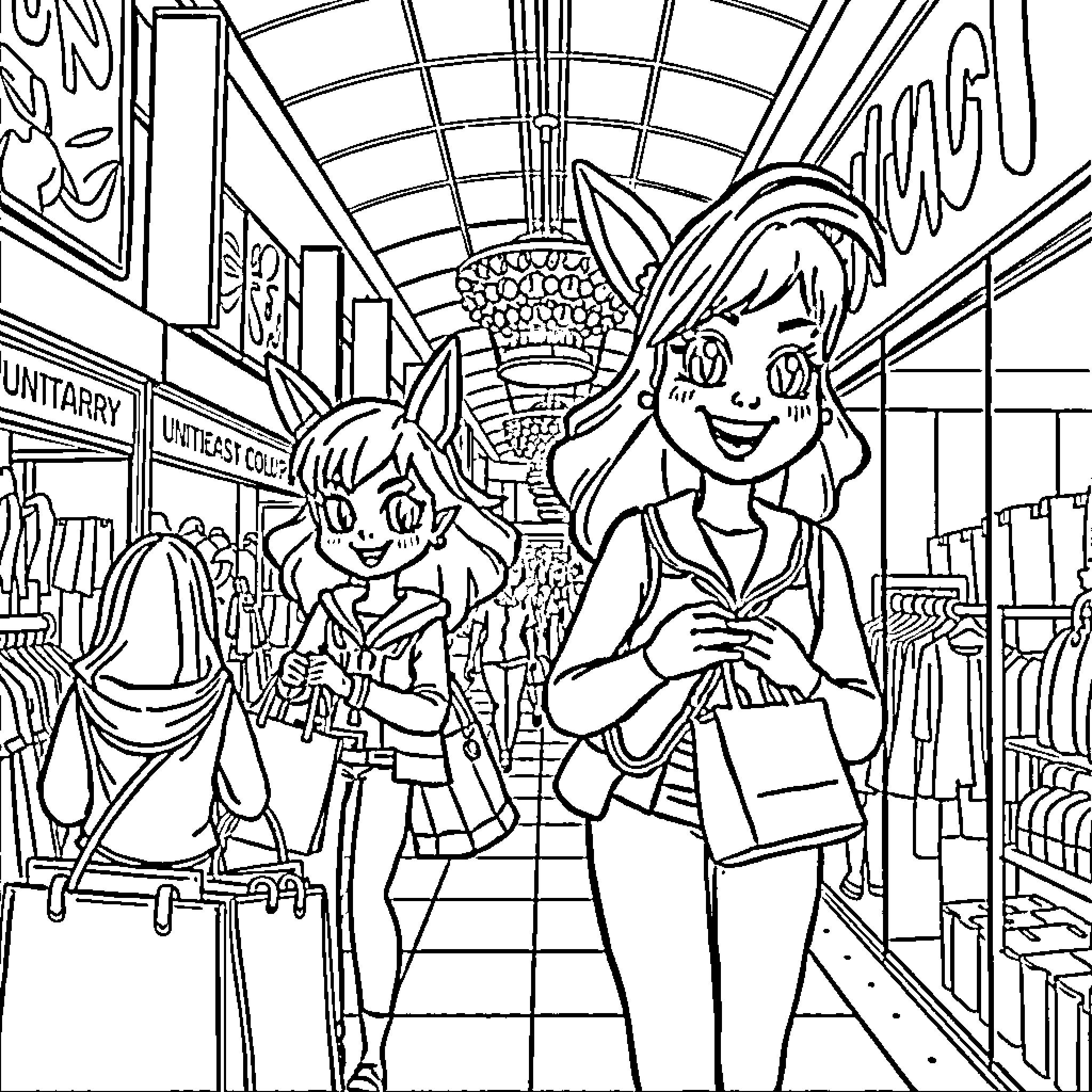Huntrix Shopping in Lively Supermarket Coloring Page (free black-and-white line drawing printable PDF for all, from beginners to advanced learners, including children, teens, adults, and seniors)