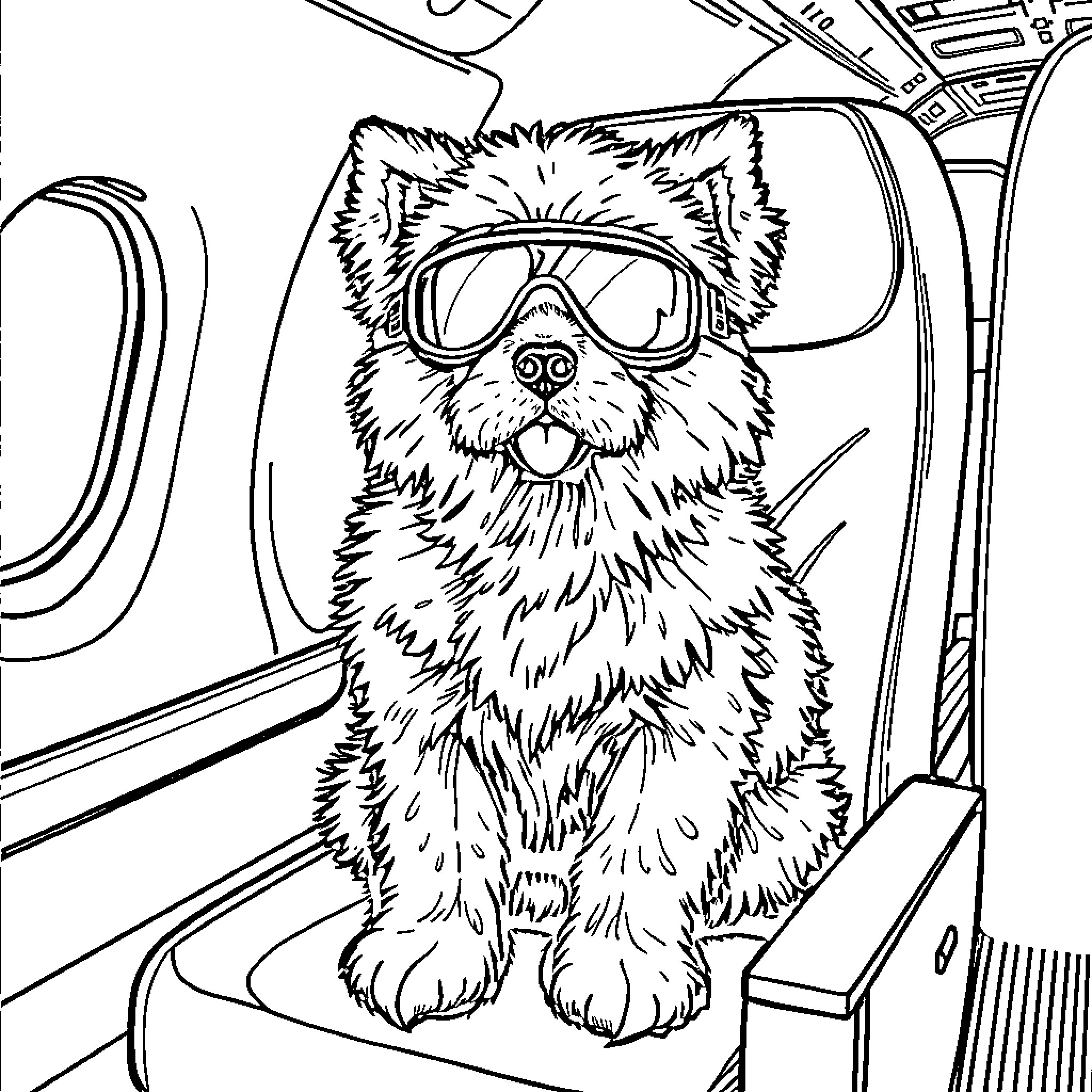 Dog wearing goggles on the plane Coloring Page (free black-and-white line drawing printable PDF for all, from beginners to advanced learners, including children, teens, adults, and seniors)