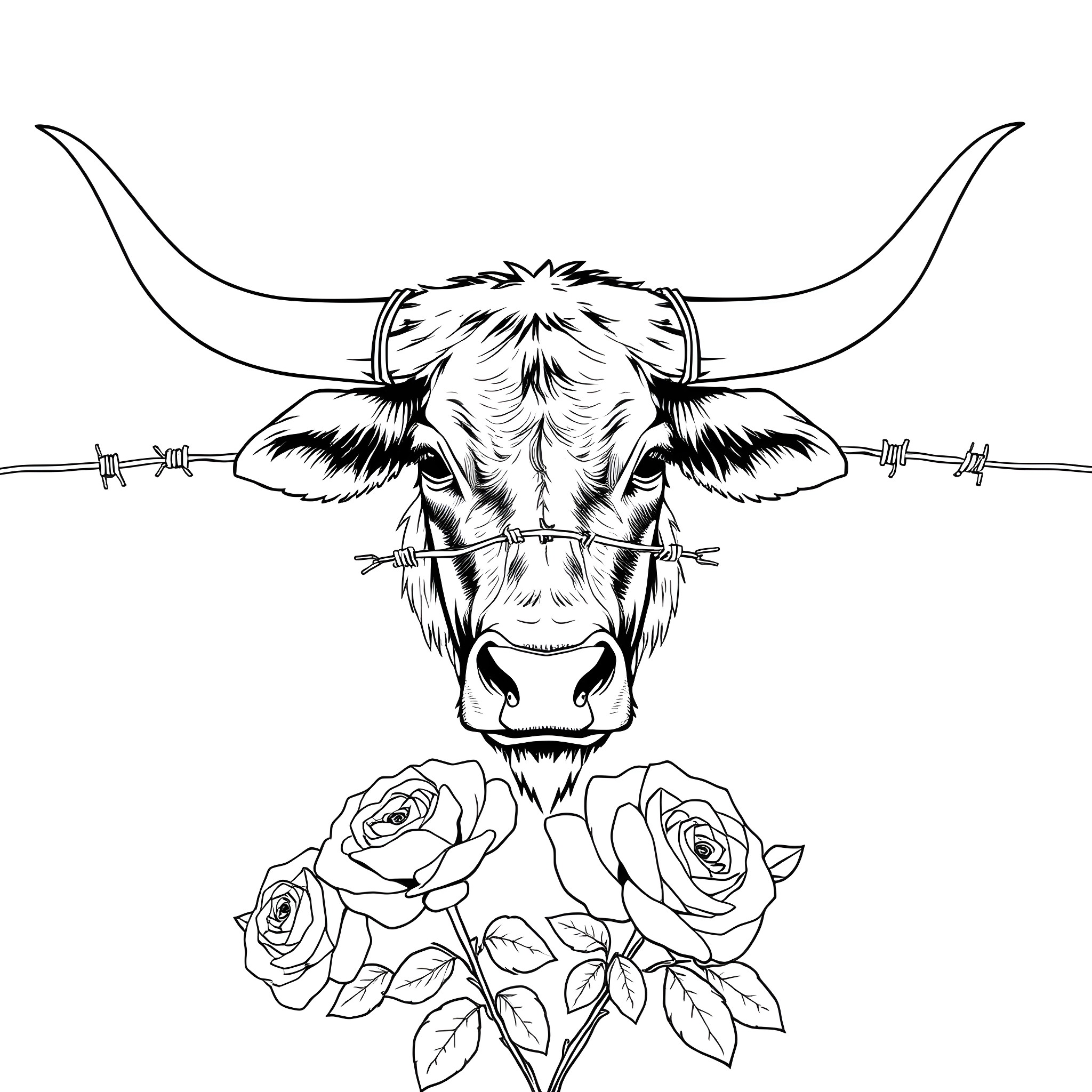Longhorn with Floral Elements Coloring Page (free black-and-white line drawing printable PDF for all, from beginners to advanced learners, including children, teens, adults, and seniors)