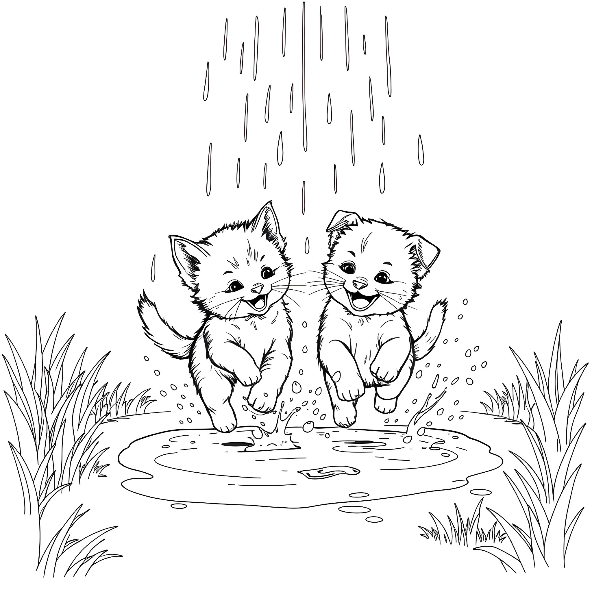 Kittens playing happily in the rain Coloring Page (free black-and-white line drawing printable PDF for all, from beginners to advanced learners, including children, teens, adults, and seniors)