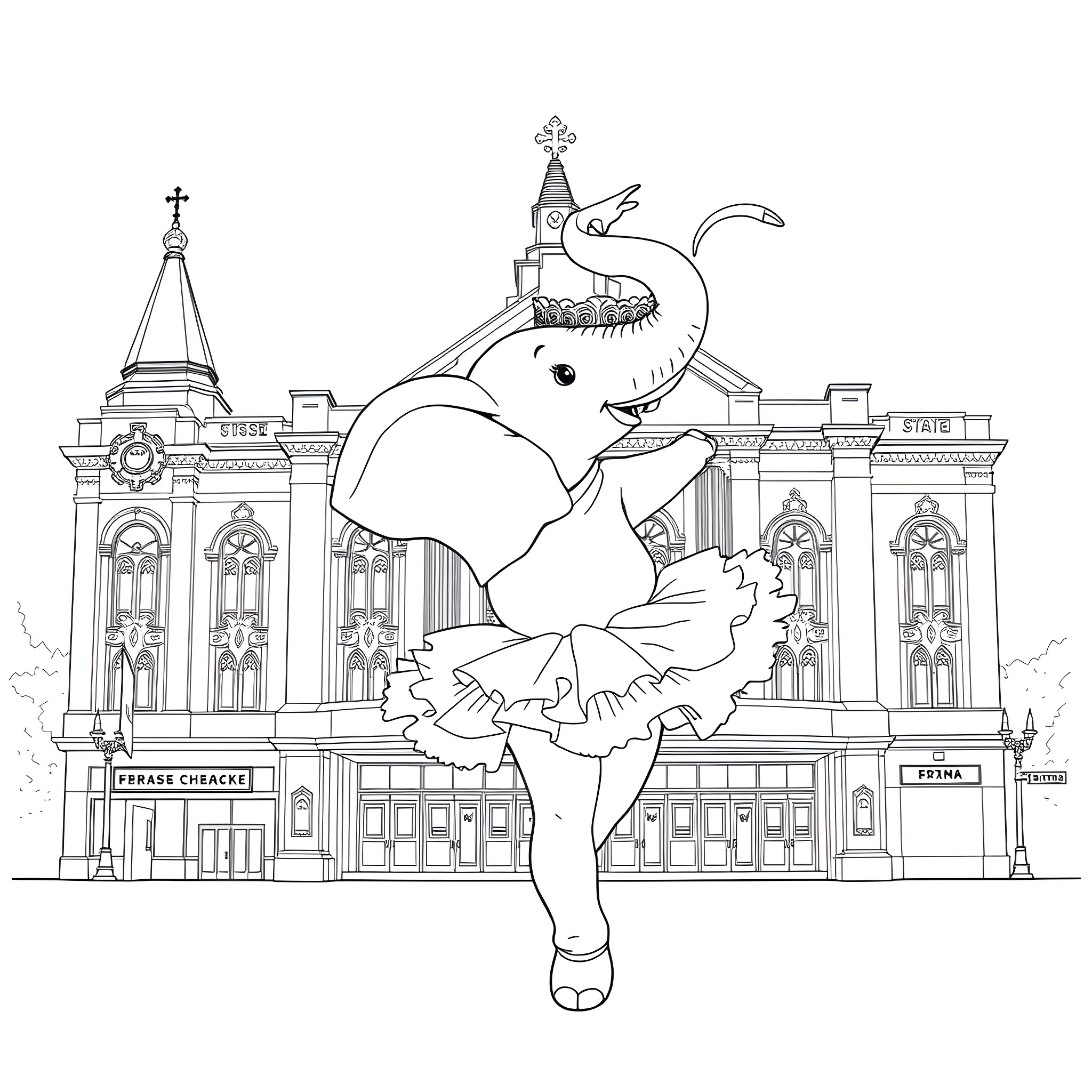 Elephant dancing in front of ornate buildings Coloring Page (free black-and-white line drawing printable PDF for all, from beginners to advanced learners, including children, teens, adults, and seniors)