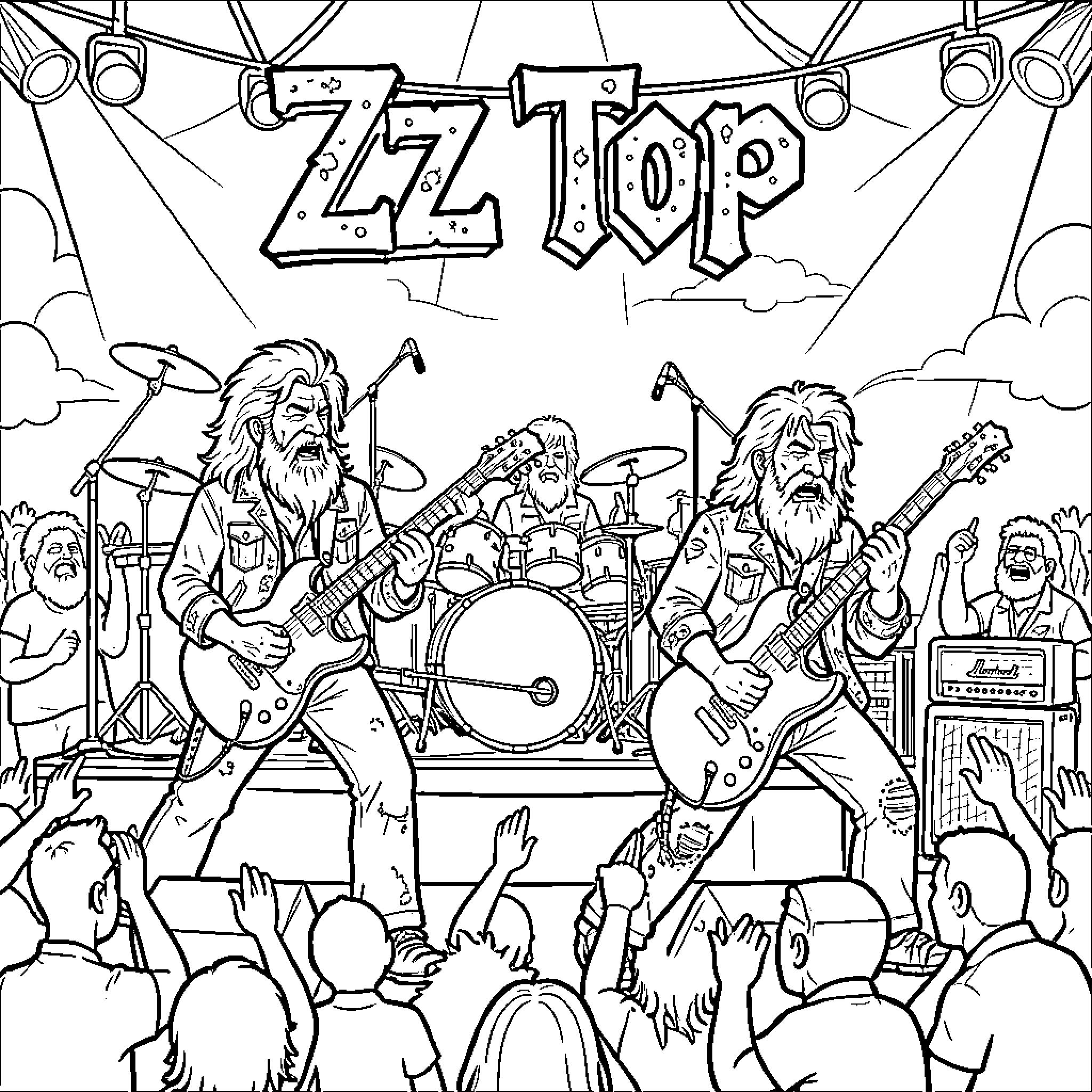 ZZ Top band members performing on stage for fans Coloring Page (free black-and-white line drawing printable PDF for all, from beginners to advanced learners, including children, teens, adults, and seniors)