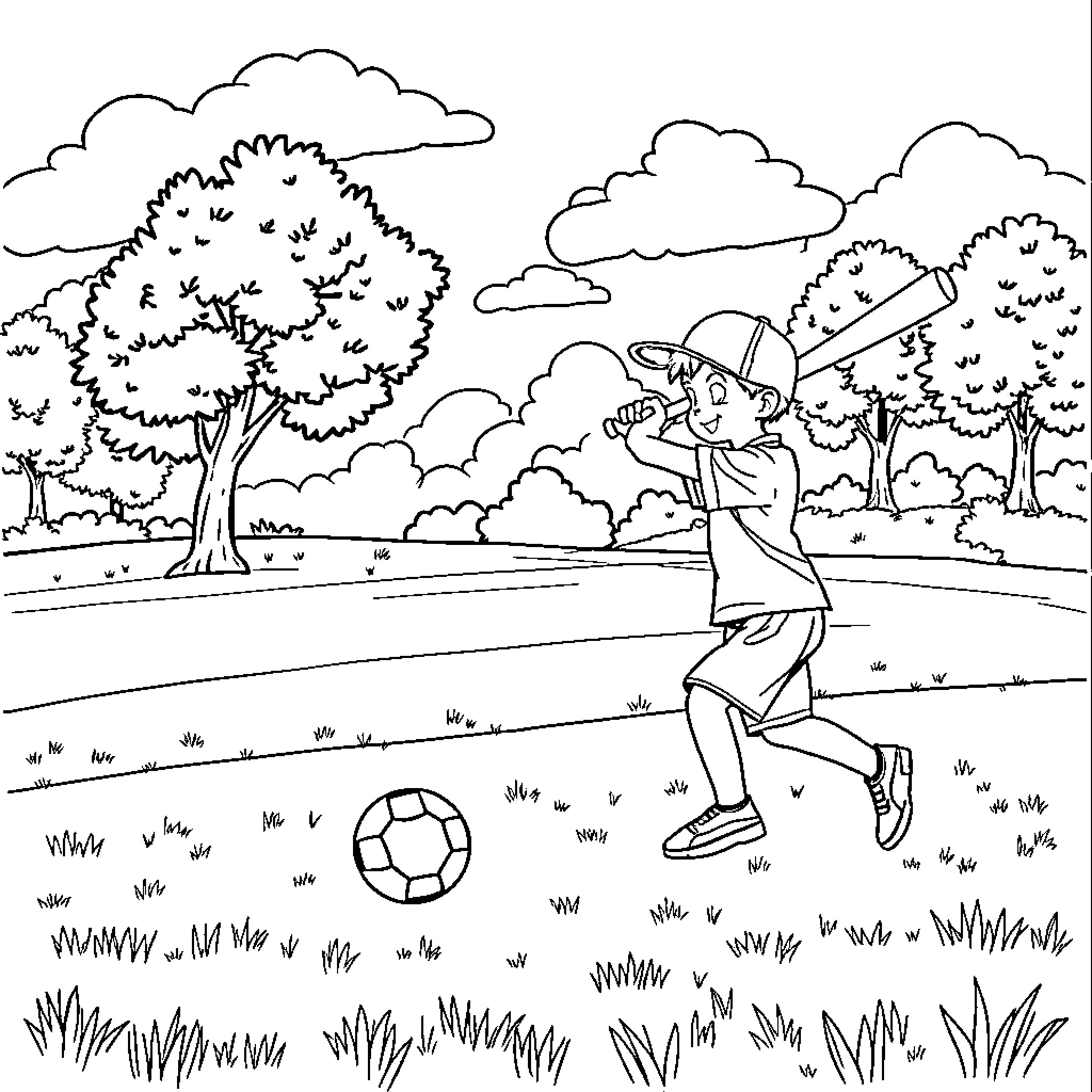 Boy playing soccer on a grassy field Coloring Page (free black-and-white line drawing printable PDF for all, from beginners to advanced learners, including children, teens, adults, and seniors)