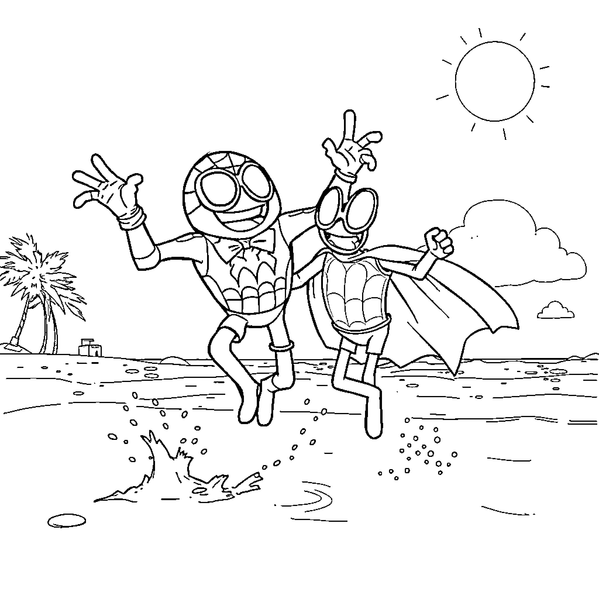 Homem-Aranha having fun at the beach Coloring Page (free black-and-white line drawing printable PDF for all, from beginners to advanced learners, including children, teens, adults, and seniors)