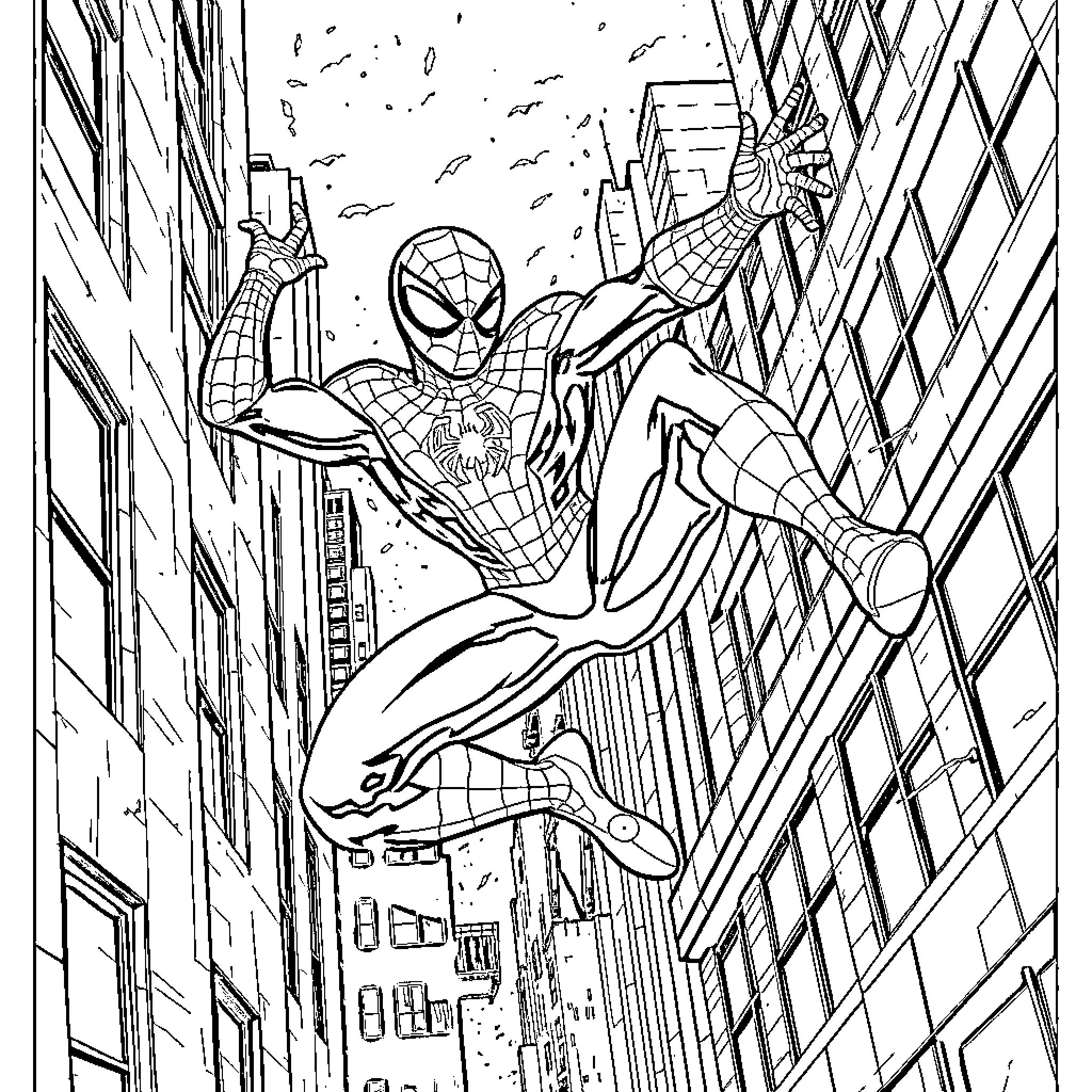 Spiderman swinging through the city skyline Coloring Page (free black-and-white line drawing printable PDF for all, from beginners to advanced learners, including children, teens, adults, and seniors)