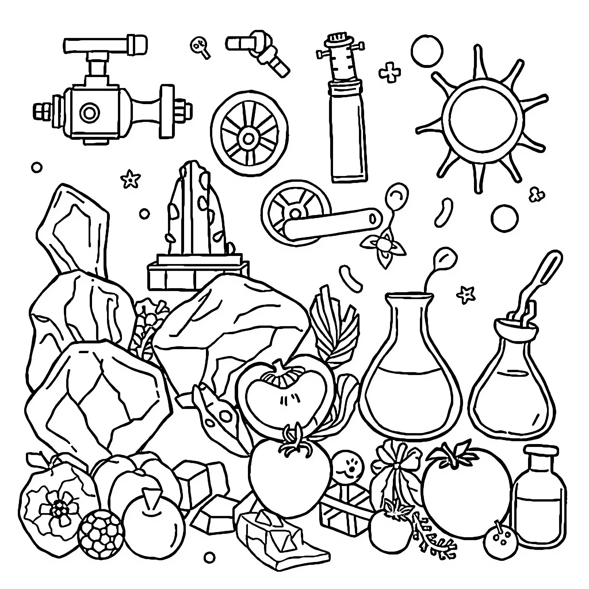 Science Instruments and Natural Elements Coloring Page (free black-and-white line drawing printable PDF for all, from beginners to advanced learners, including children, teens, adults, and seniors)