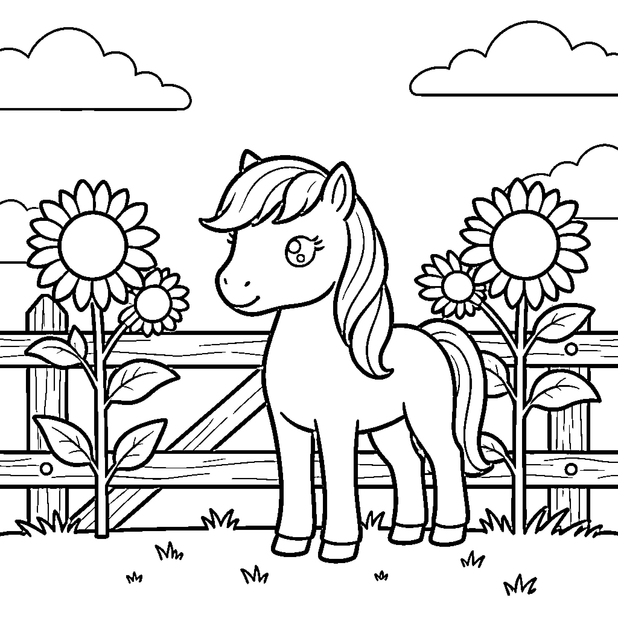Pony standing peacefully in a field of sunflowers Coloring Page (free black-and-white line drawing printable PDF for all, from beginners to advanced learners, including children, teens, adults, and seniors)