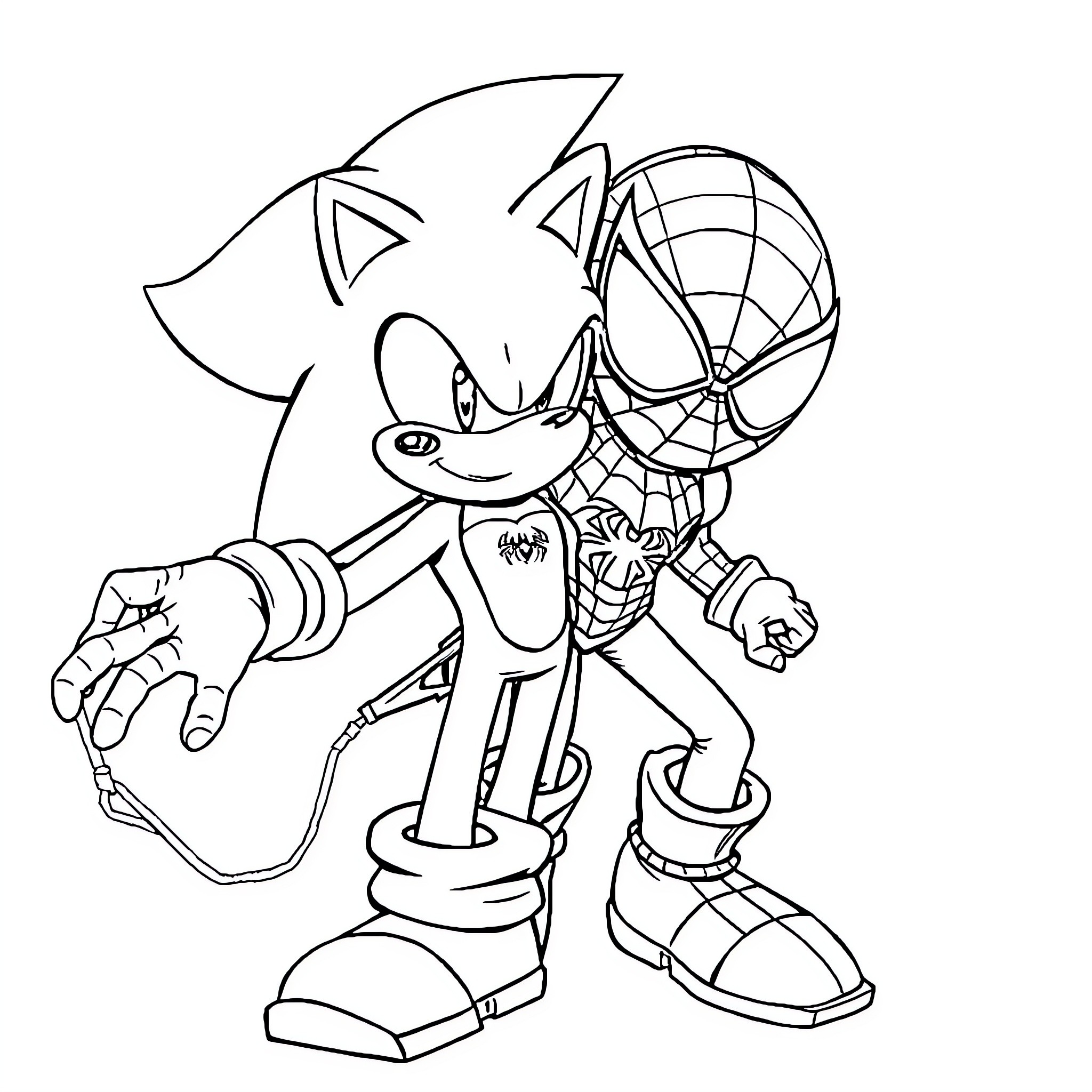 Sonic in action-packed superhero pose Coloring Page (free black-and-white line drawing printable PDF for all, from beginners to advanced learners, including children, teens, adults, and seniors)