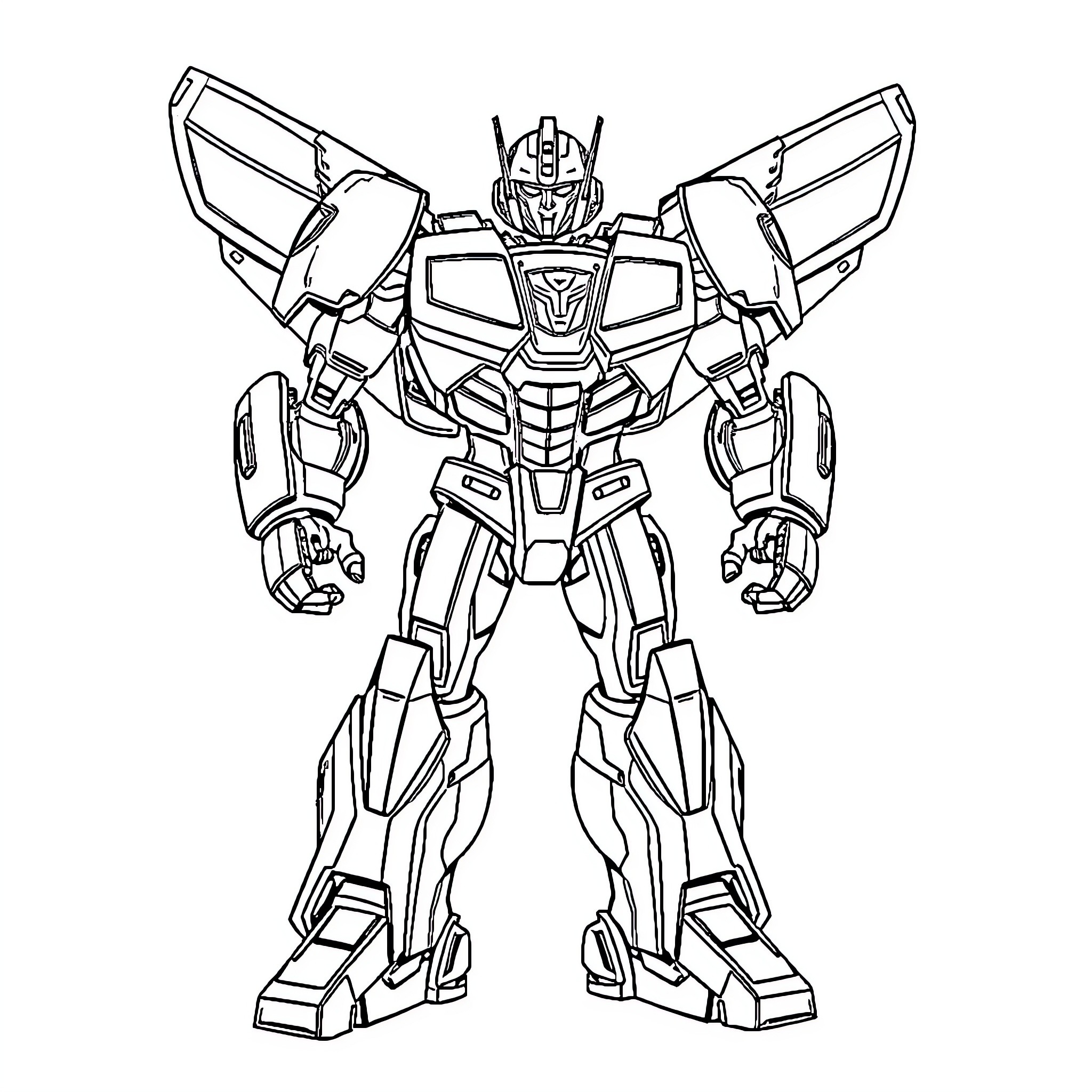 Bumblebee robot in action-ready pose Coloring Page (free black-and-white line drawing printable PDF for all, from beginners to advanced learners, including children, teens, adults, and seniors)