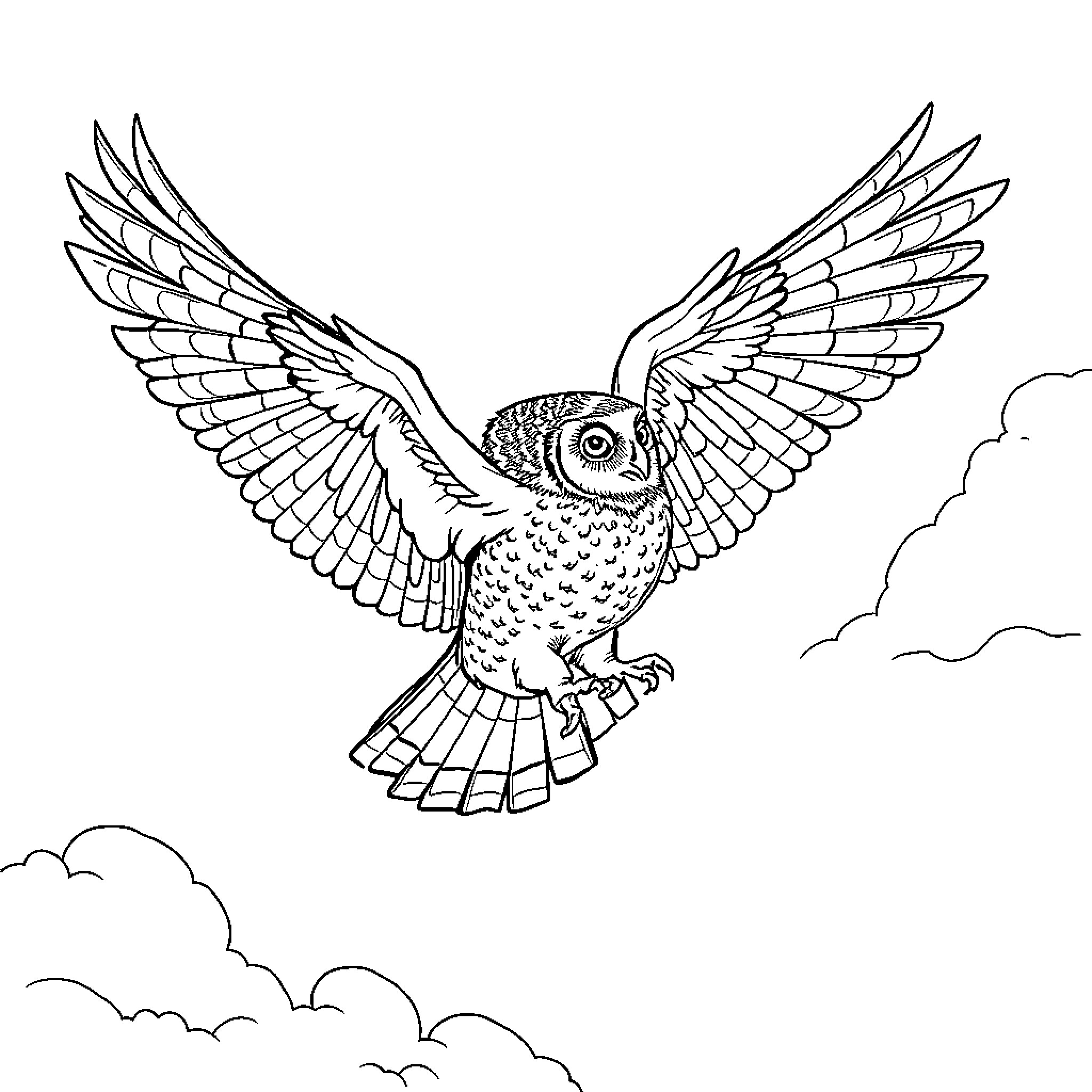 Owl in flight with spread wings Coloring Page (free black-and-white line drawing printable PDF for all, from beginners to advanced learners, including children, teens, adults, and seniors)