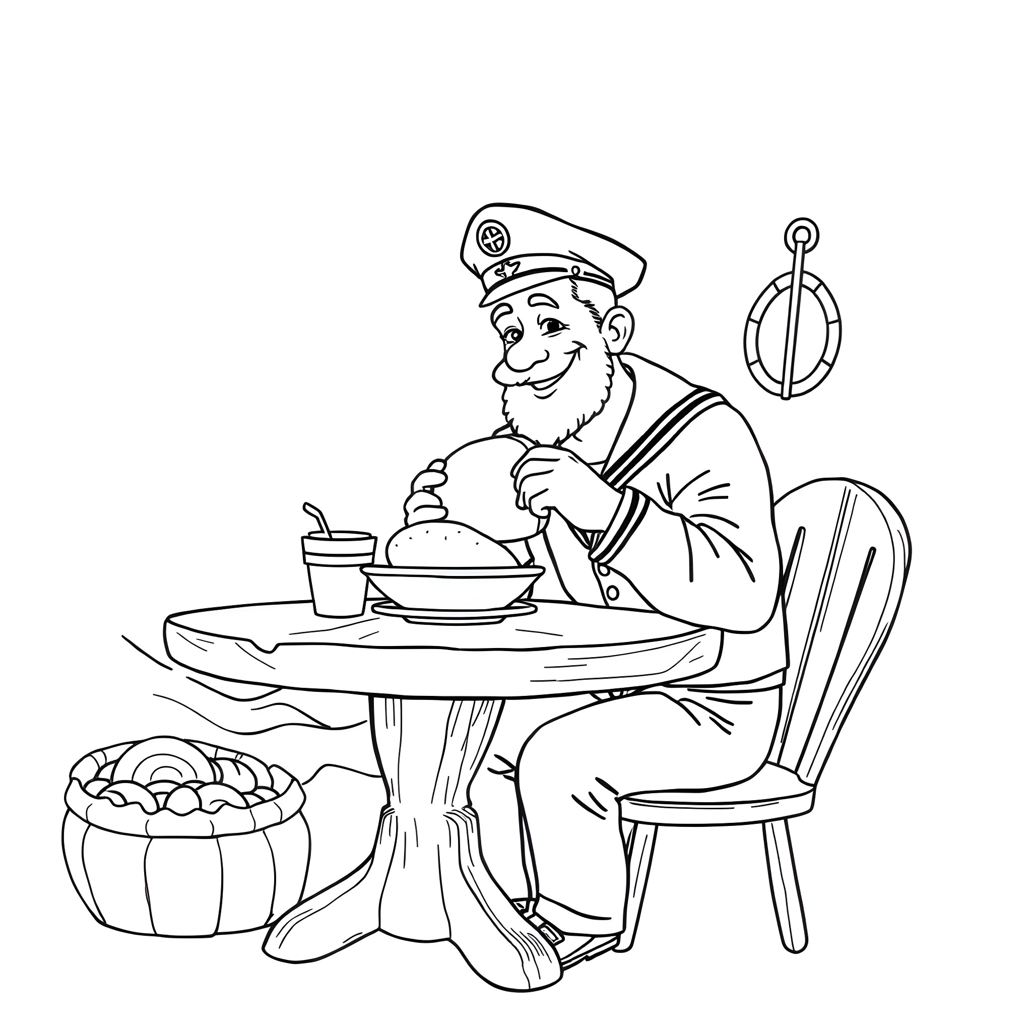 Navy Male Enjoying a Hearty Meal at a Table Coloring Page (free black-and-white line drawing printable PDF for all, from beginners to advanced learners, including children, teens, adults, and seniors)