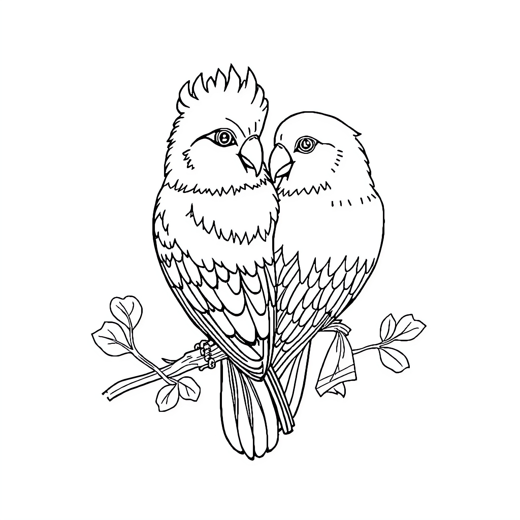 Hybrid Animal Parrots Perched on Branch Coloring Page (free black-and-white line drawing printable PDF for all, from beginners to advanced learners, including children, teens, adults, and seniors)