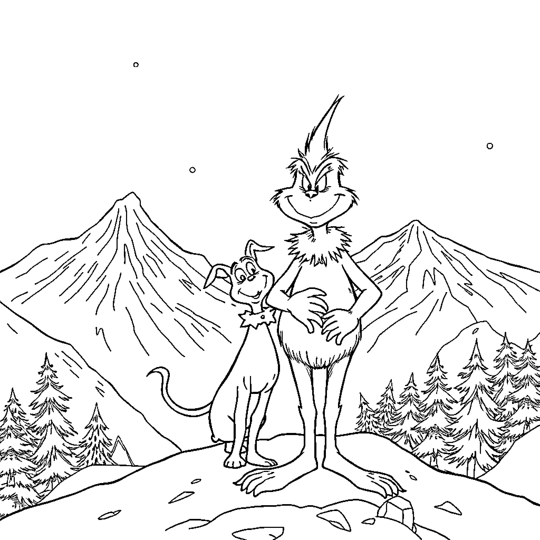 Grinch standing triumphantly in the snowy mountains Coloring Page (free black-and-white line drawing printable PDF for all, from beginners to advanced learners, including children, teens, adults, and seniors)