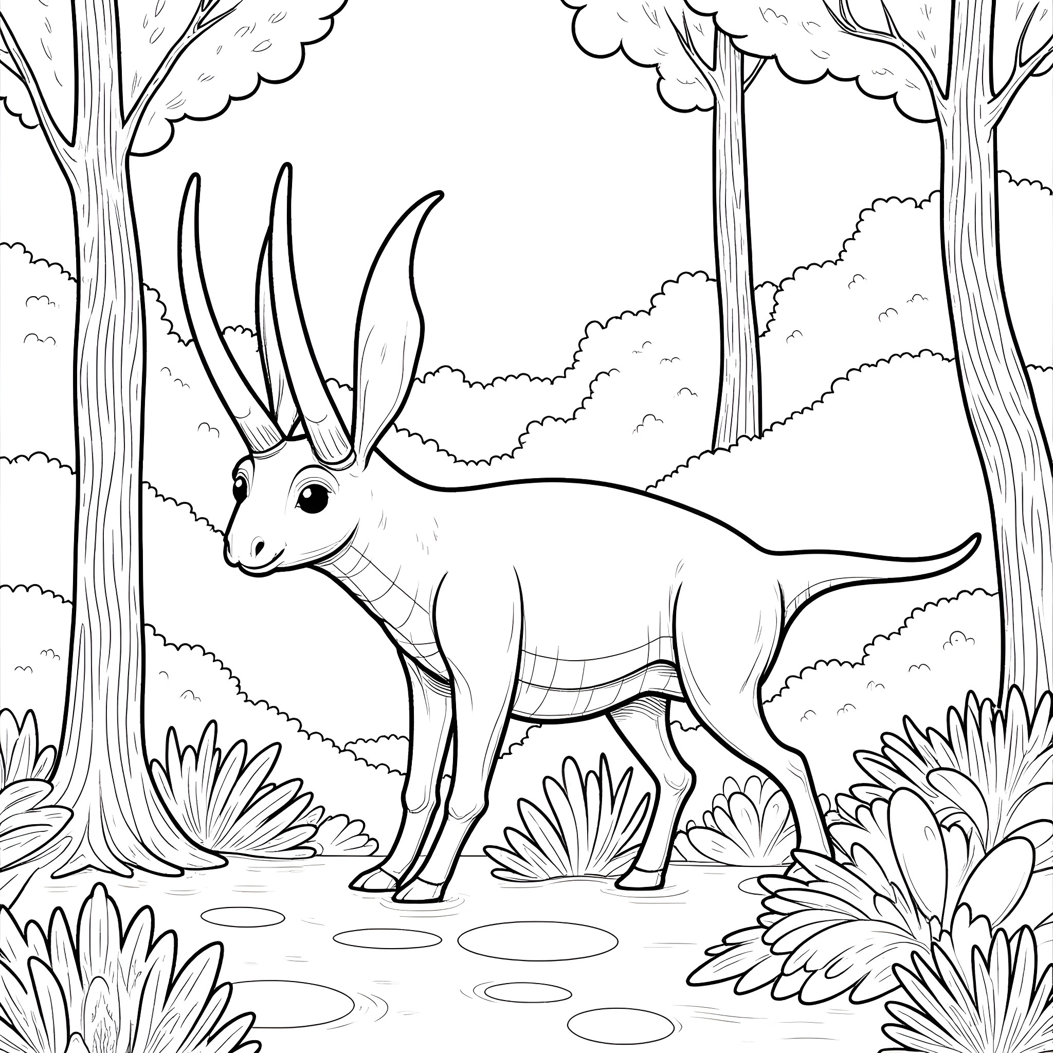 Albertaceratops in the Woodlands Coloring Page (free black-and-white line drawing printable PDF for all, from beginners to advanced learners, including children, teens, adults, and seniors)