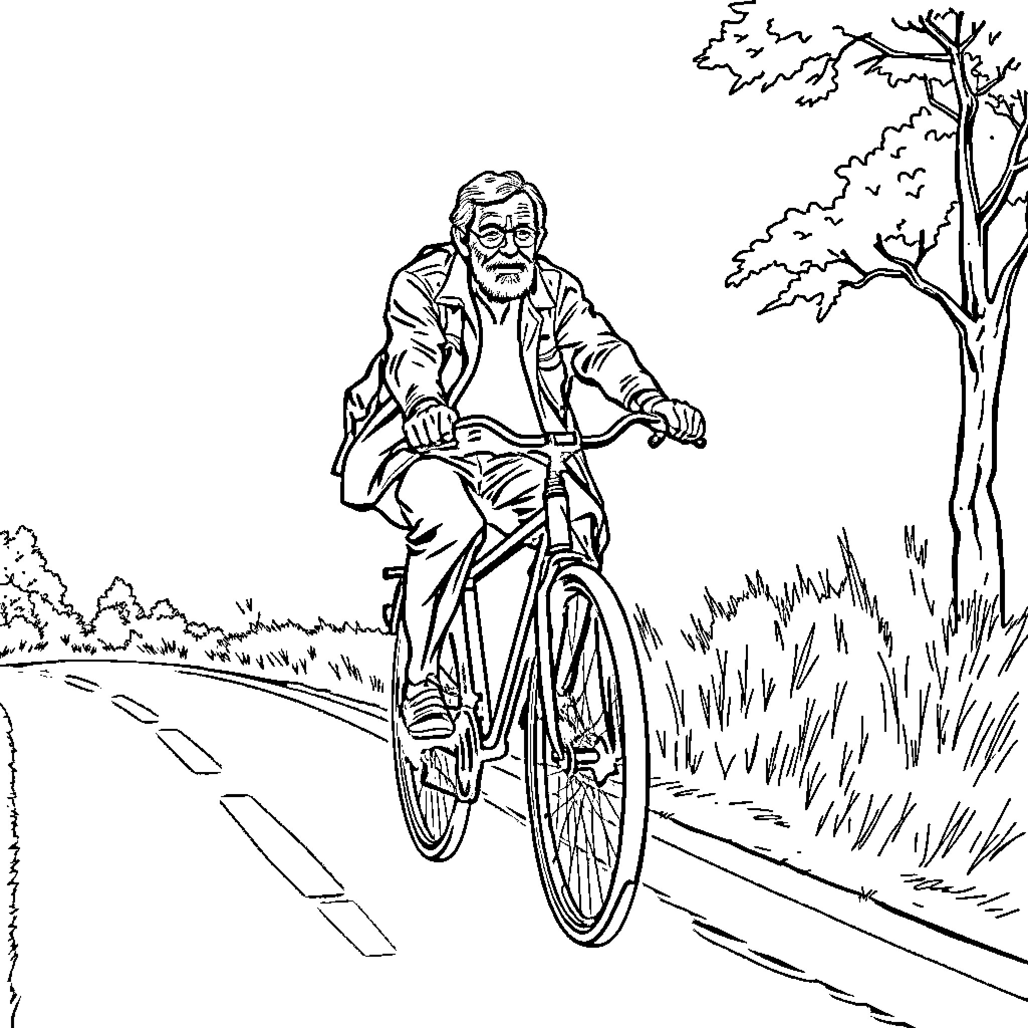 Biker riding bicycle through rural landscape Coloring Page (free black-and-white line drawing printable PDF for all, from beginners to advanced learners, including children, teens, adults, and seniors)